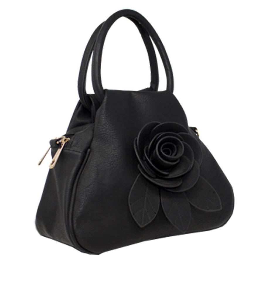 avorio marrone Nero New terra chiaro chiaro Top Borsa Maniglia Ladies Ecopelle Borsa marrone Camellia Flower Decoration 7zHnw7FPq