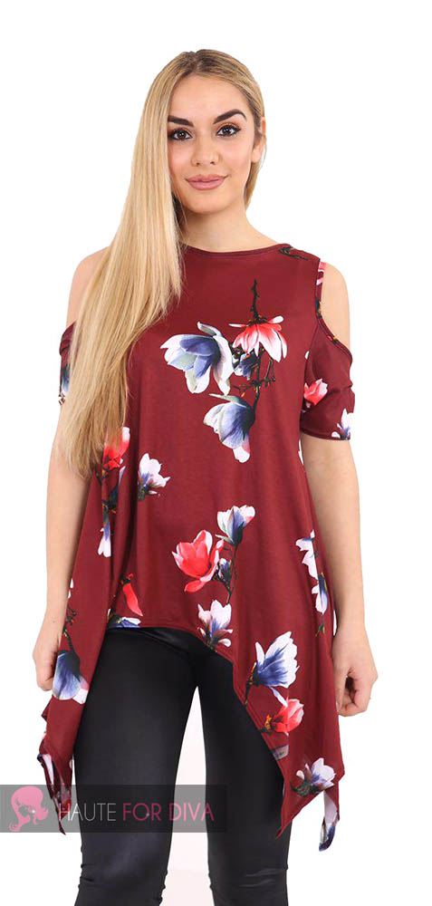 Flower Print Cold Shoulder Short Sleeve T Shirt