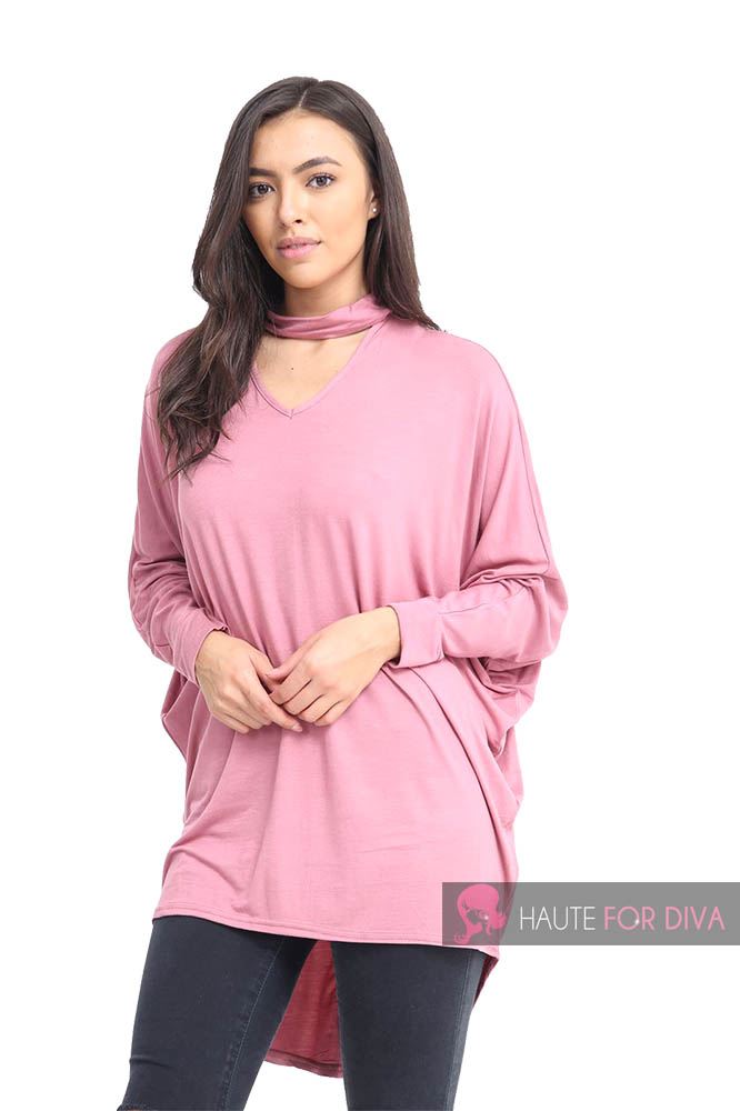 NEW OVERSIZE BAGGY HI-LO LONG SLEEVE V NECK CHOKER LADIES TOP JUMPER UK 8-26