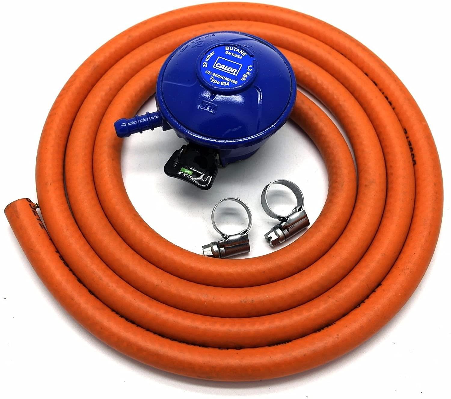 Calor Butane Clip On Regulator + 2 Metre LPG Hose + 2 Gas Pipe Clips