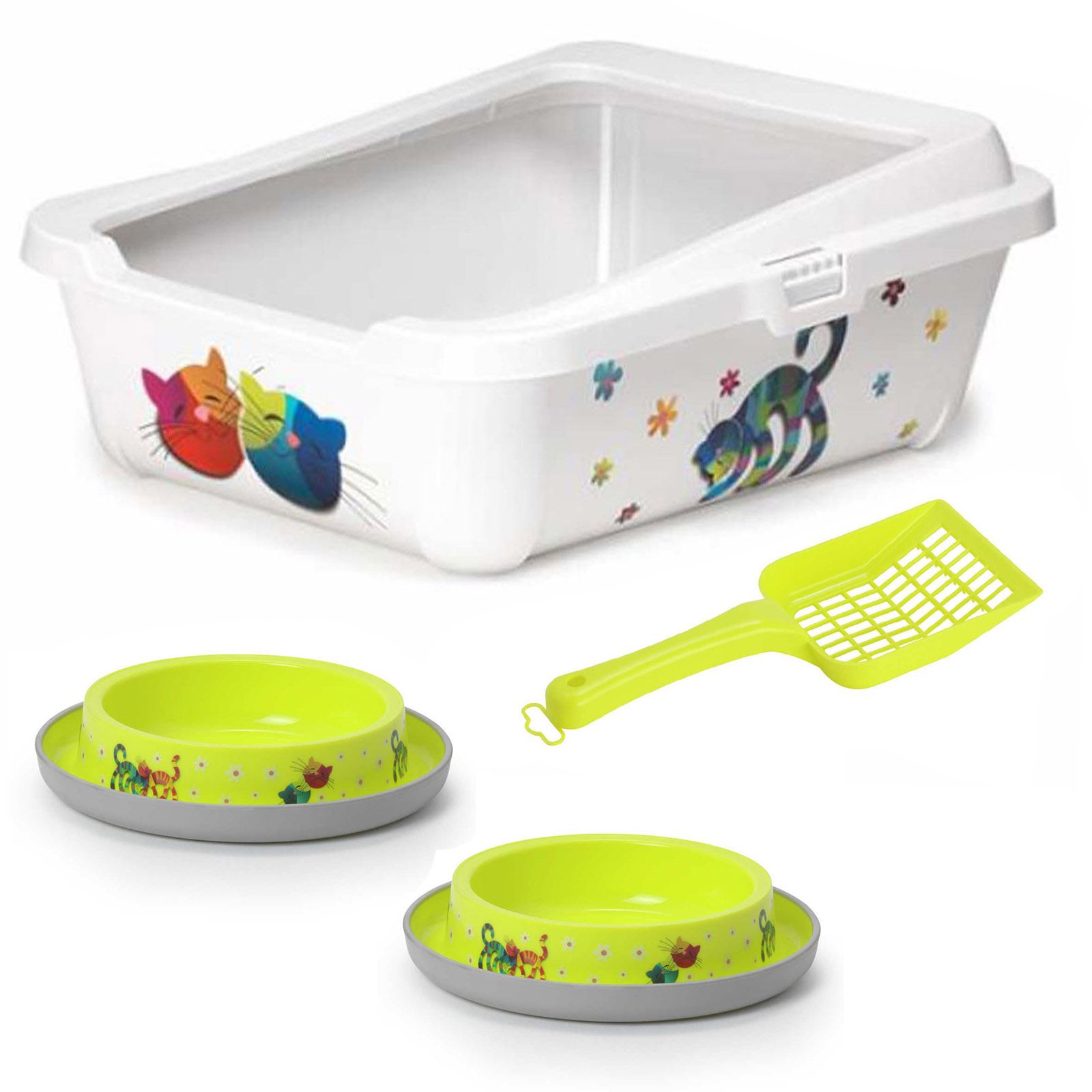 Drink Bowls 0.3L Box Rim Kitten Toilet Cat Large Litter Tray Grey 2x Food