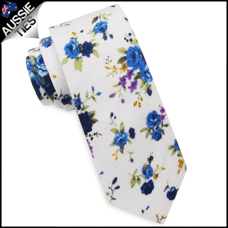 Patterned Floral Ties | White Flower Tie | Skinny Black Tie | Slim Pastel Blue - Picture 28 of 29