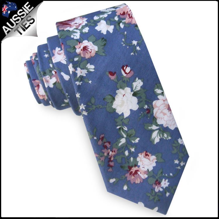 Patterned Floral Ties | White Flower Tie | Skinny Black Tie | Slim Pastel Blue - Picture 12 of 29