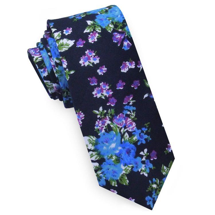 Patterned Floral Ties | White Flower Tie | Skinny Black Tie | Slim Pastel Blue - Picture 3 of 29
