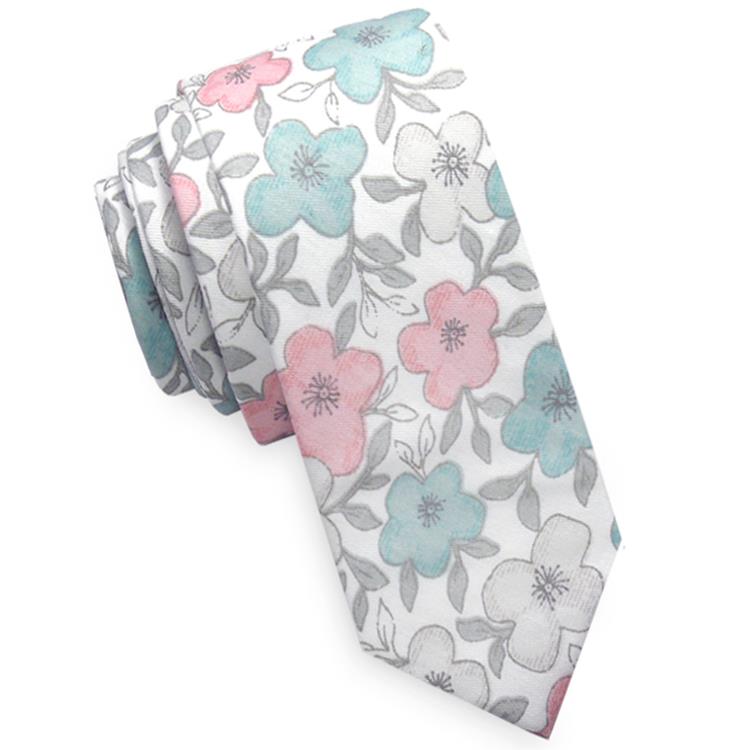 Patterned Floral Ties | White Flower Tie | Skinny Black Tie | Slim Pastel Blue - Picture 26 of 29