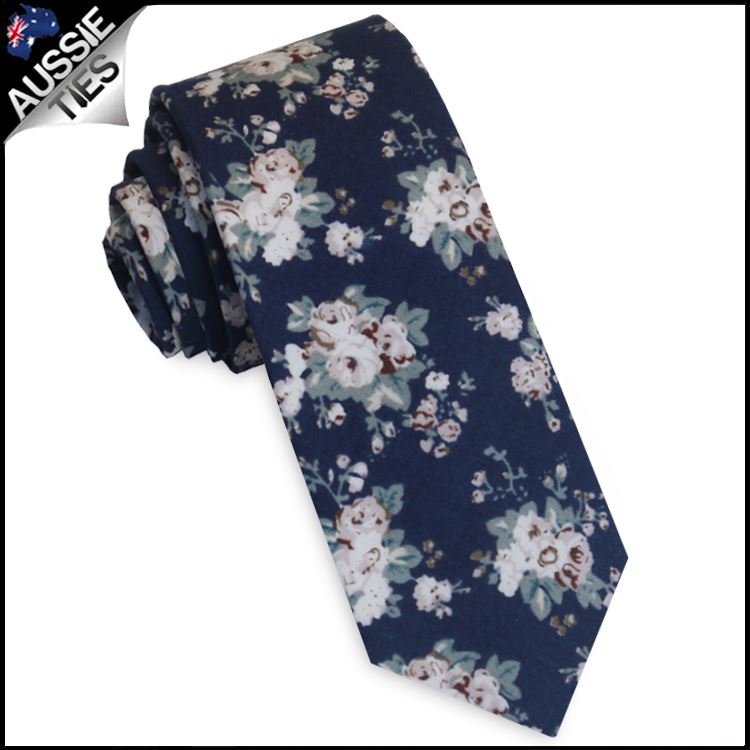 Patterned Floral Ties | White Flower Tie | Skinny Black Tie | Slim Pastel Blue - Picture 19 of 29