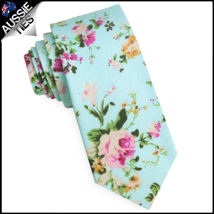 Patterned Floral Ties | White Flower Tie | Skinny Black Tie | Slim Pastel Blue - Picture 18 of 29