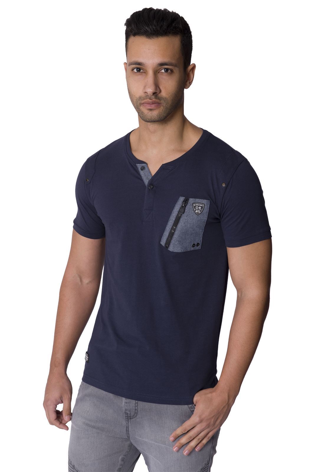 Rawcraft Mens Short Sleeve T Shirt Zip Chest Pocket Button Collar