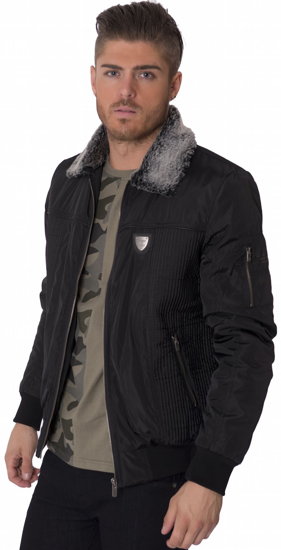Fremont & Harris Mens MA1 Bomber Jacket Faux Fur Collar Black Winter