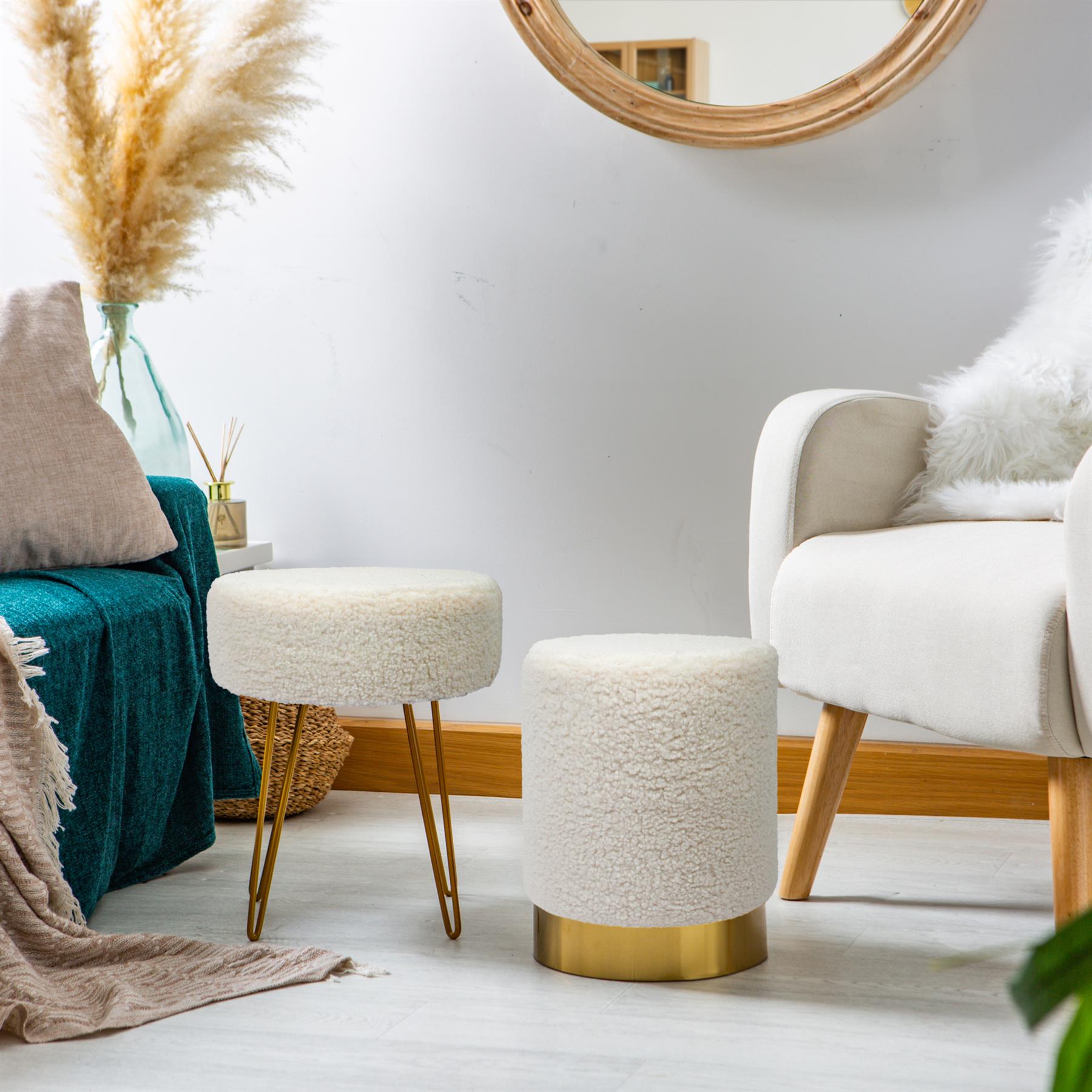 Reposapiés redondo Boucle crema otomano taburete puf asiento horquilla patas H41 x D35 cm - Imagen 11 de 14