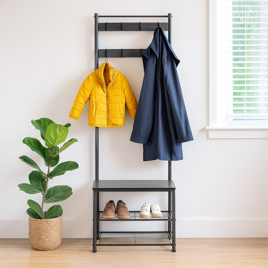 Steel Coat Rack with Shoe Storage Square Bench Clothes Hat Stand Hanger 9 Hooks - Picture 7 of 11