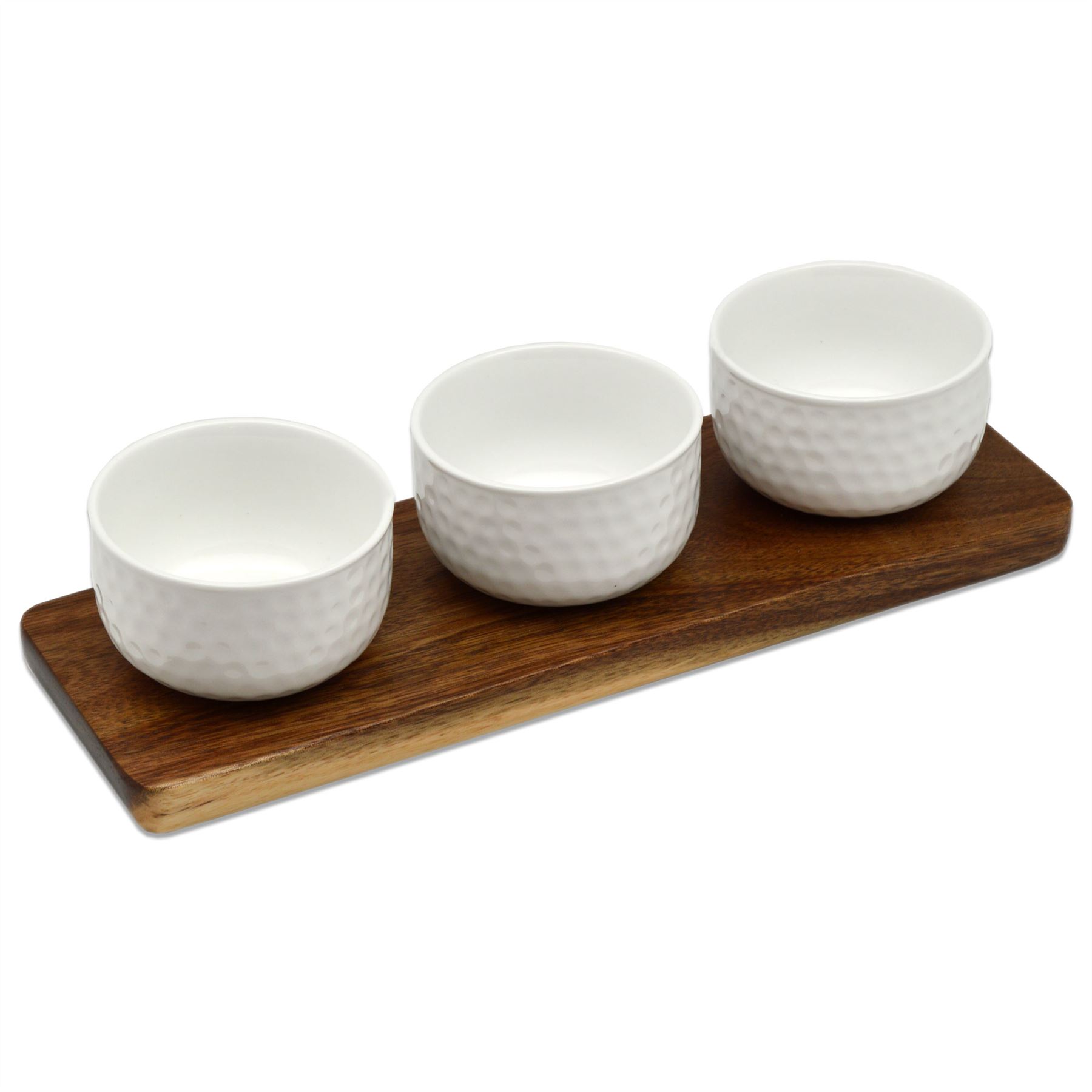 Set Of 3 Snack / Tapas Serving Bowls Dishes. Wooden Serving Board