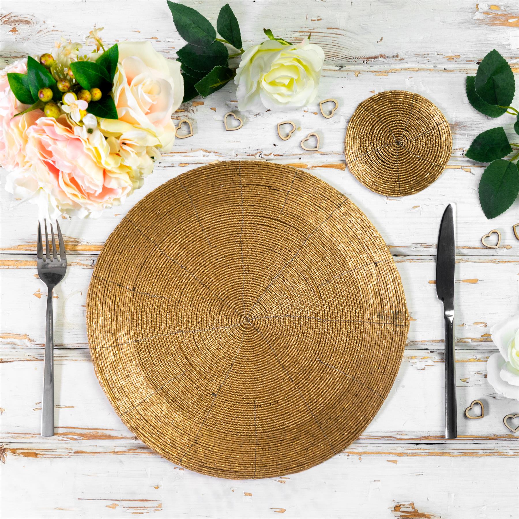 Round Beaded Coasters With Fabric Lining Drinks Coaster Gold 105mm x6