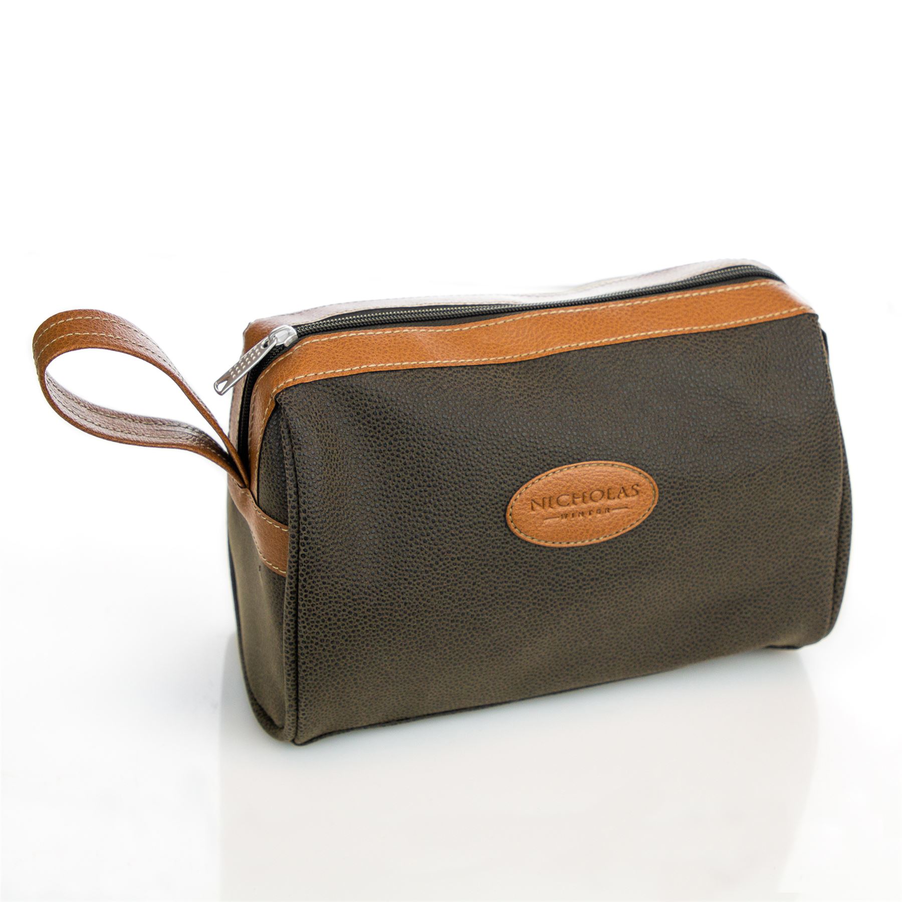 Travel Wash Bag Mens Toiletry Toiletries Case Leather Look Khaki