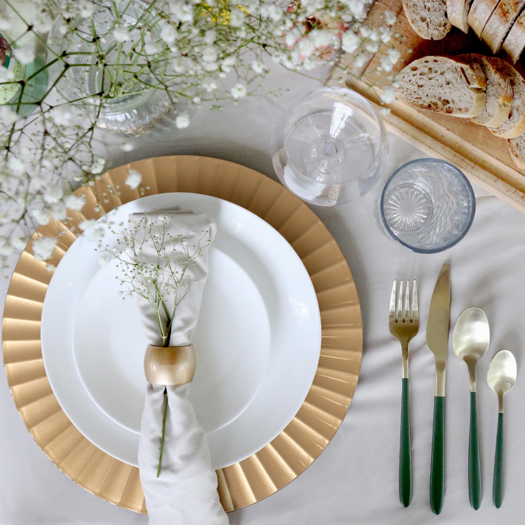 Juego de 12 placas de cargador redondas con posavasos 33 cm diseño flauta boda fiesta plato - Imagen 6 de 11