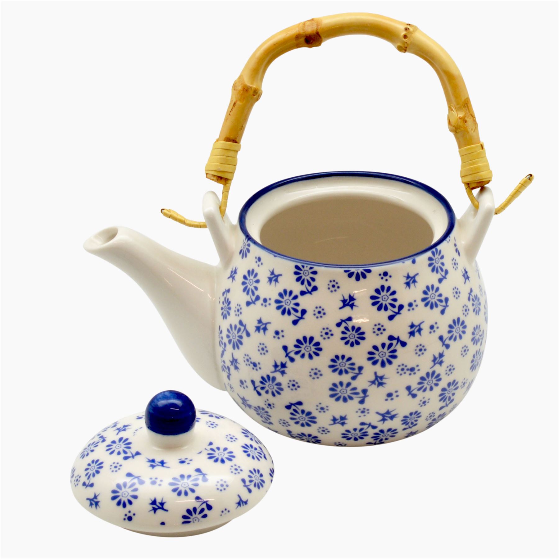 White and Blue Daisy Teapot Tea / Coffee Pot With Bamboo Handle. 500ml
