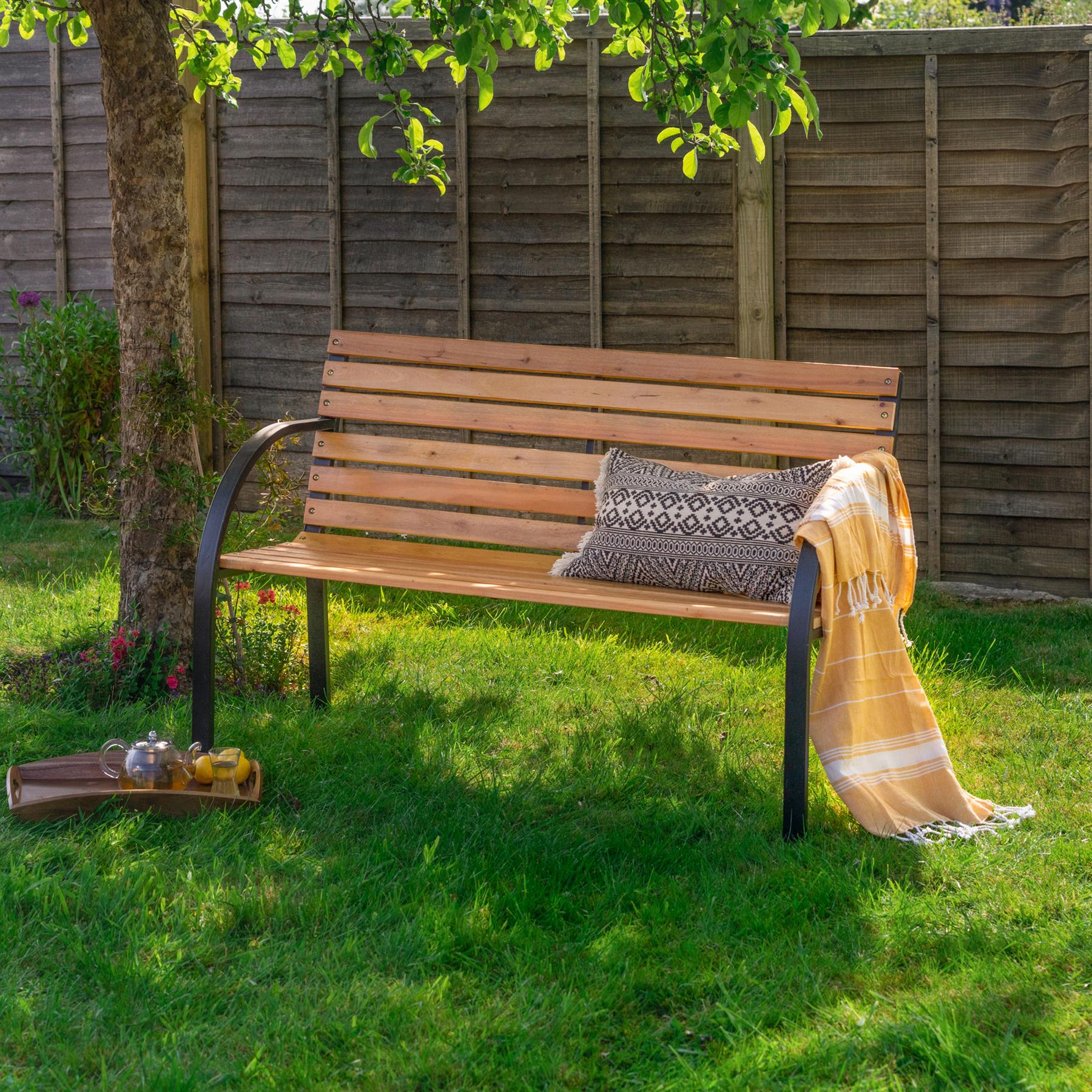 Wooden Garden Bench 2 Seater Steel Legs Modern Contemporary Style