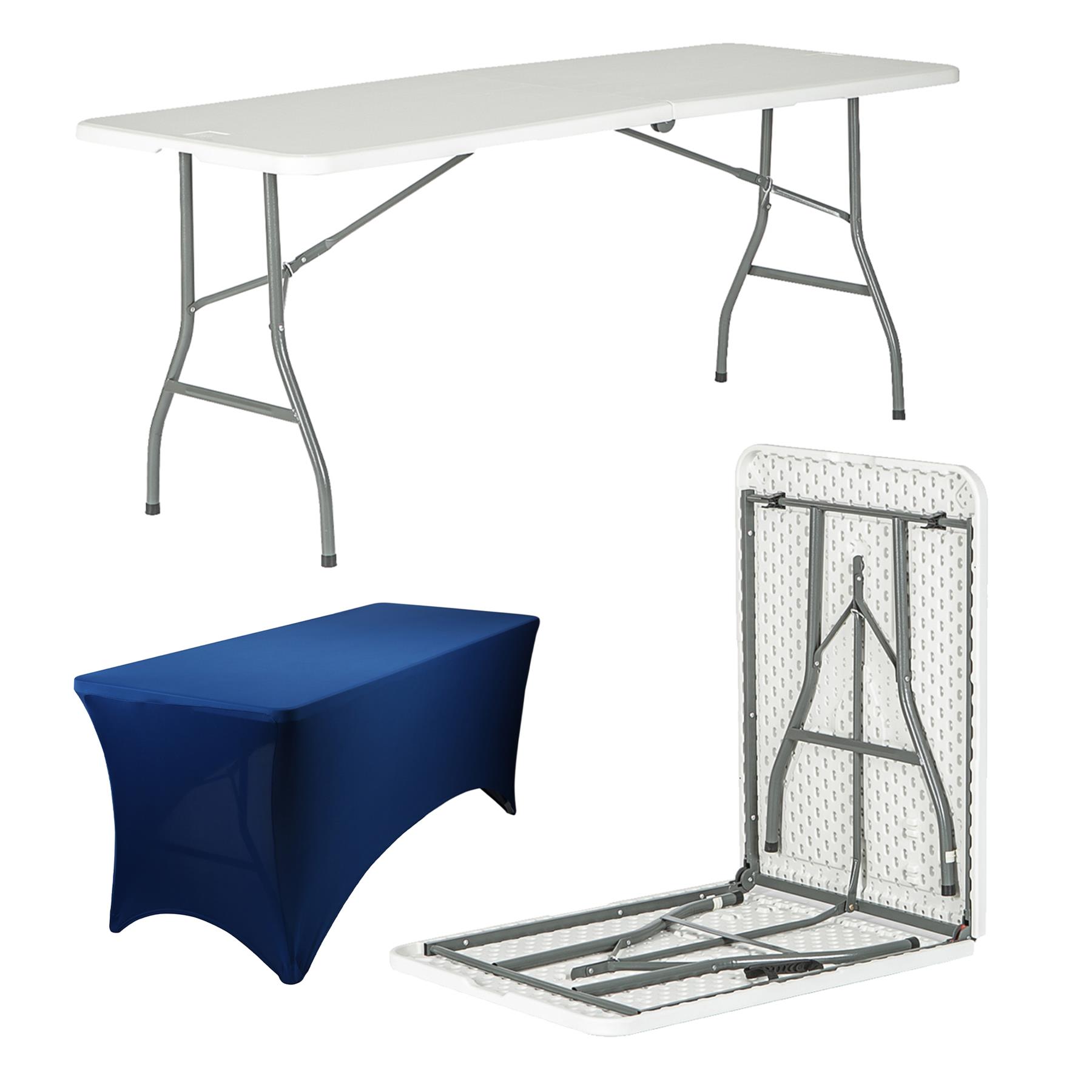 Folding Picnic Table with Fitted Tablecloth - 180cm (6ft) - White/Blue