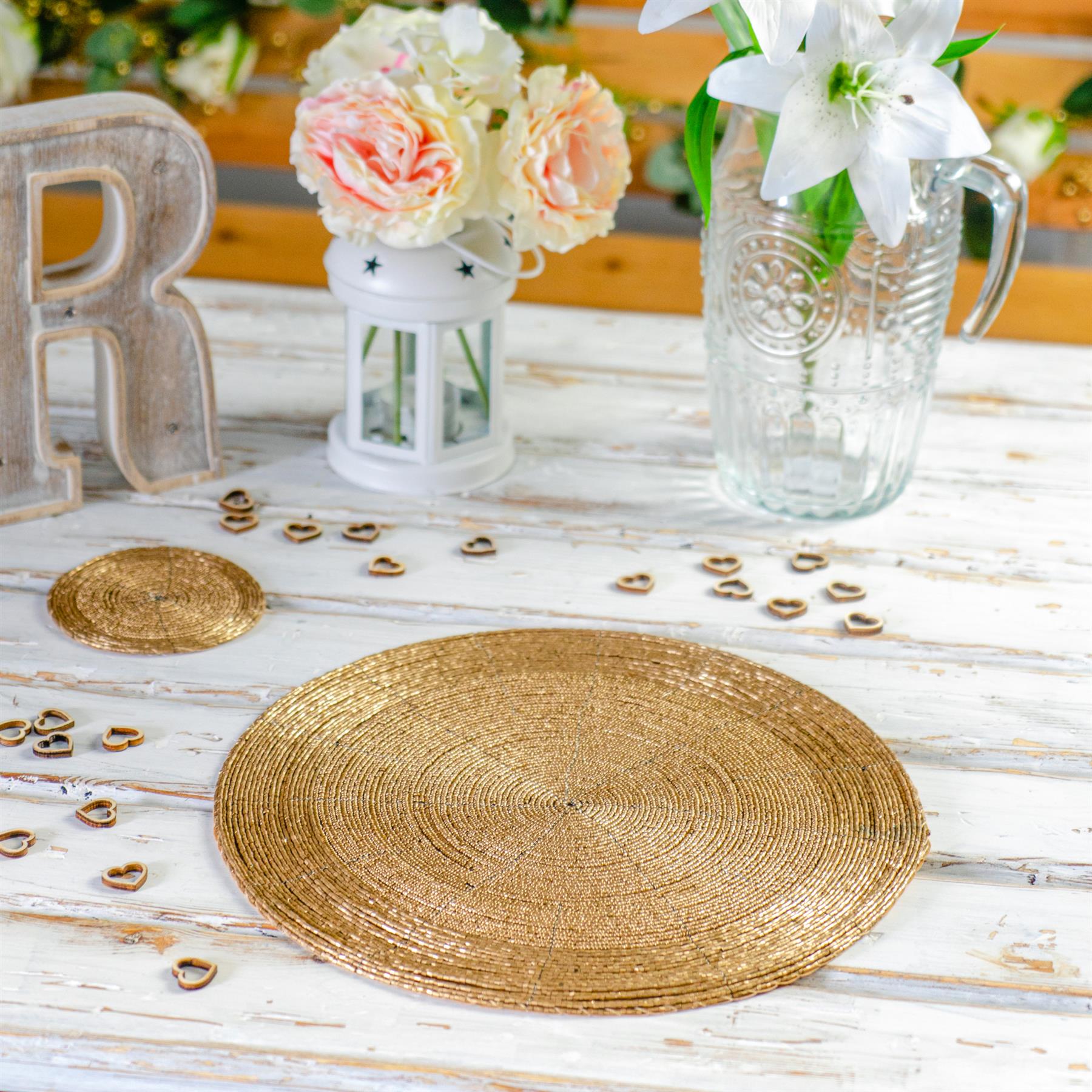 Round Beaded Placemats With Fabric Lining Drinks Placemat Gold 300mm x6
