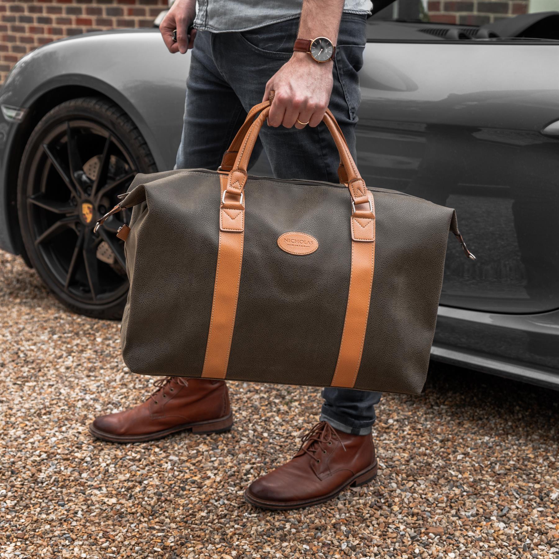 Mens Travel Bag Holdall Weekend Overnight Leather Look Duffle Khaki