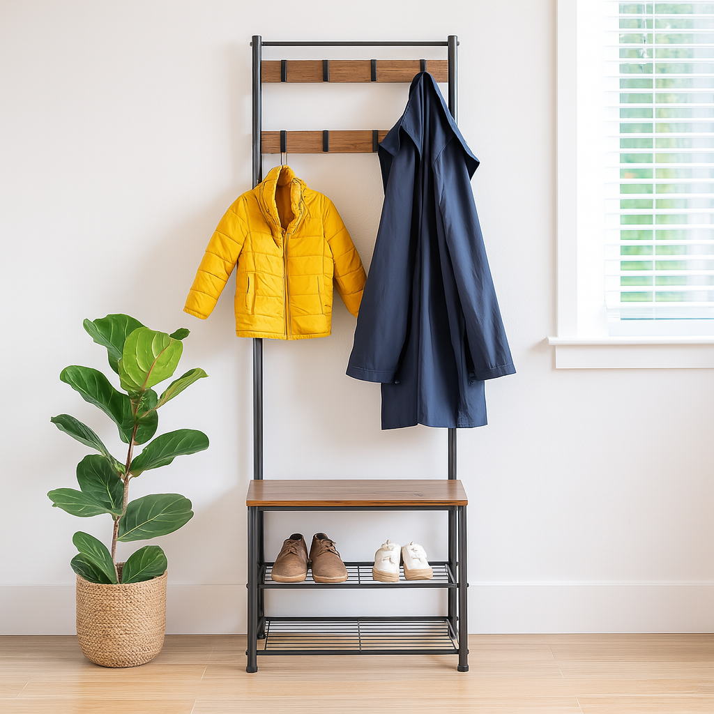Steel Coat Rack with Shoe Storage Square Bench Clothes Hat Stand Hanger 9 Hooks - Picture 10 of 11