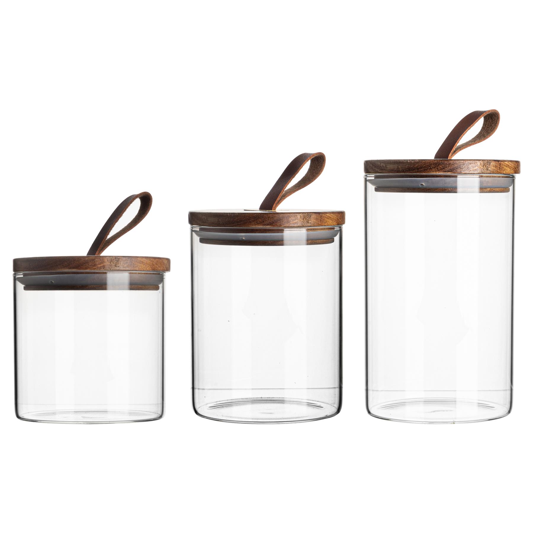 clear storage jars with wooden lids