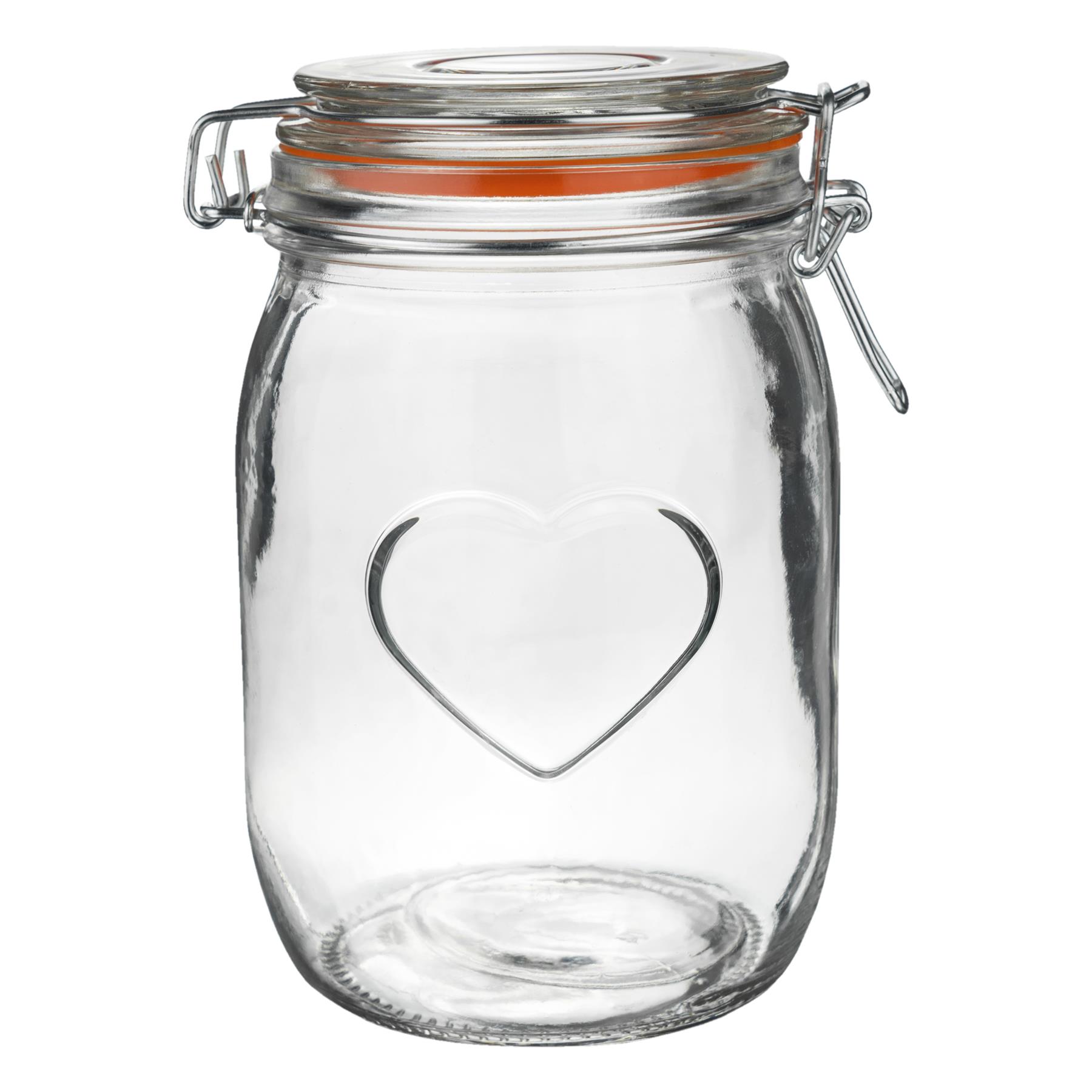 Heart Design Glass Storage / Food Preserve Preserving Jar, 1L Pack of