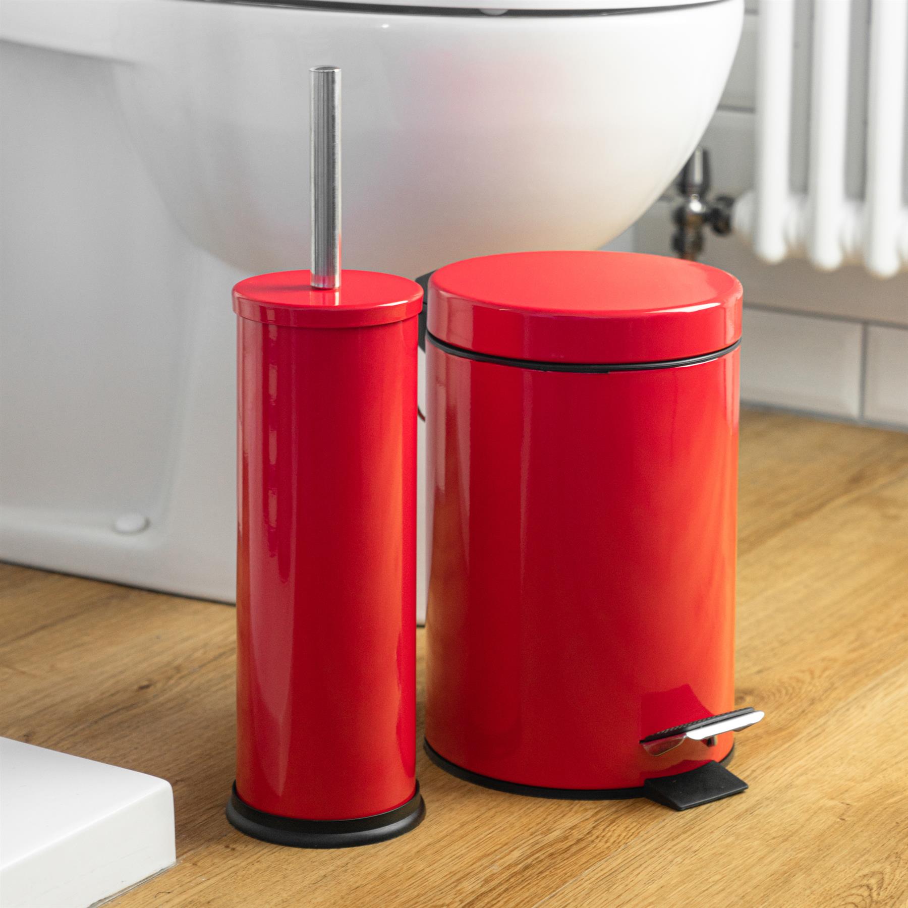Bathroom Pedal Rubbish Waste Bin (3L) & Toilet Brush Holder Set Red