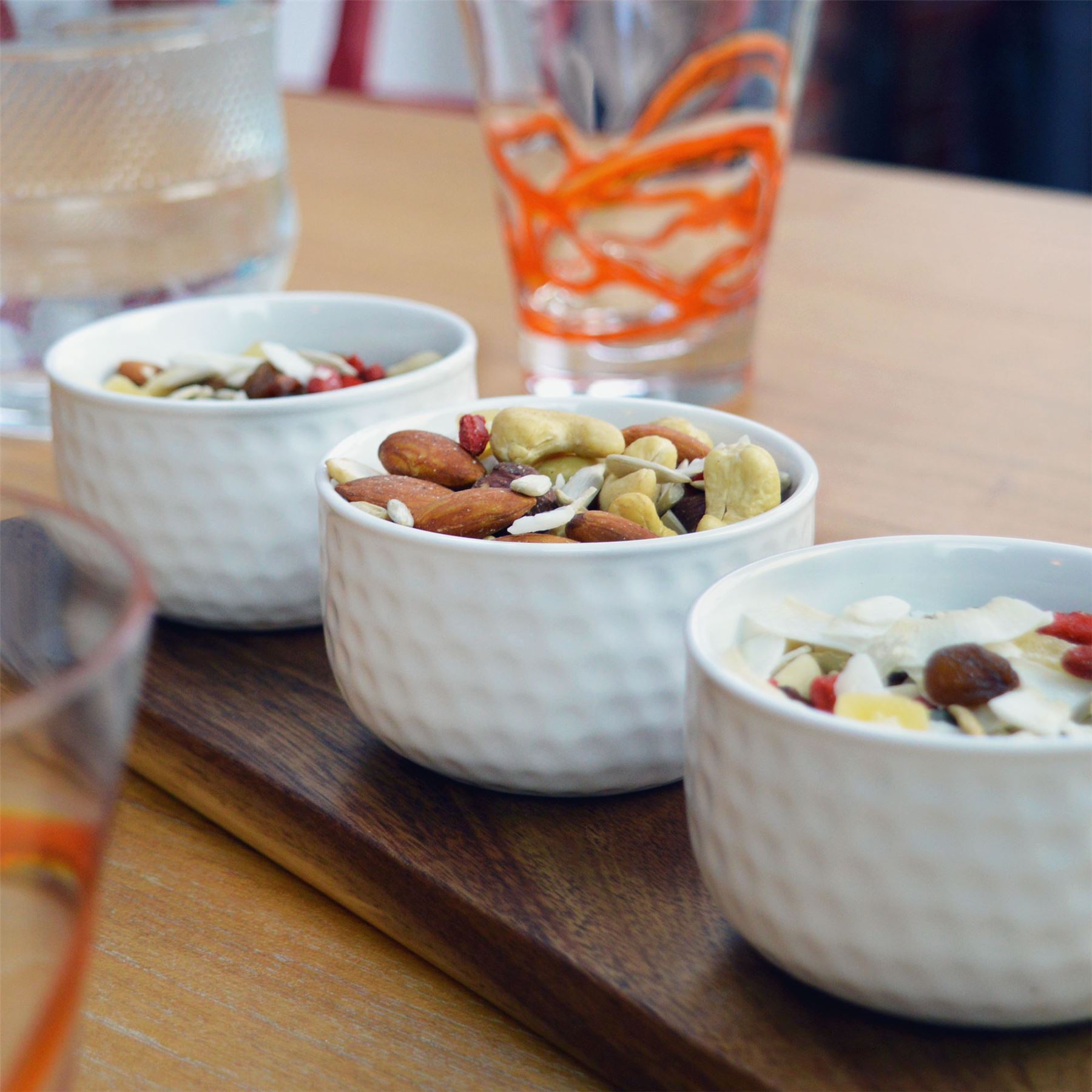 Set Of 3 Snack / Tapas Serving Bowls Dishes. Wooden Serving Board