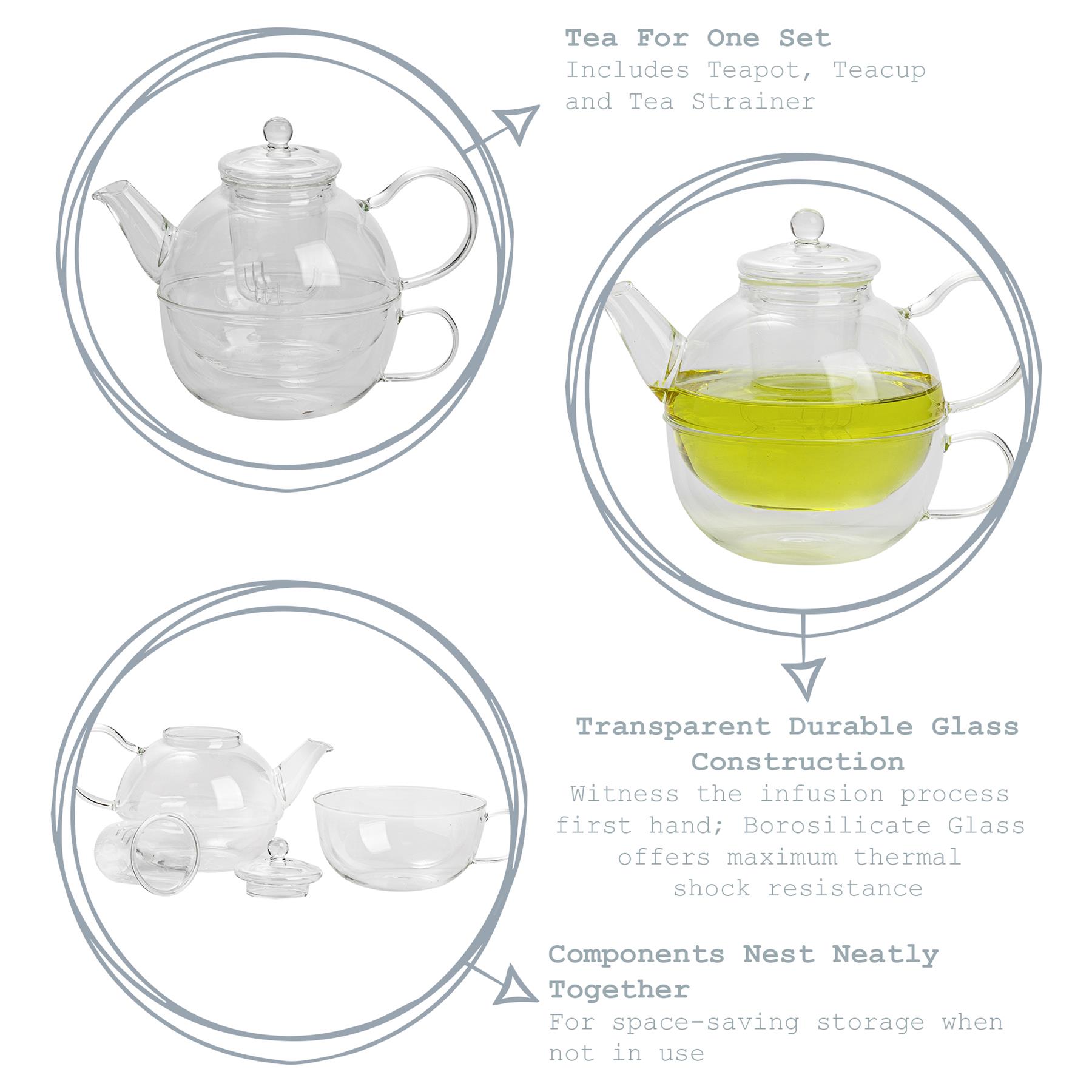 Glass Tea For One Tea Pot, Cup and Strainer Herbal Teapot Set 550ml