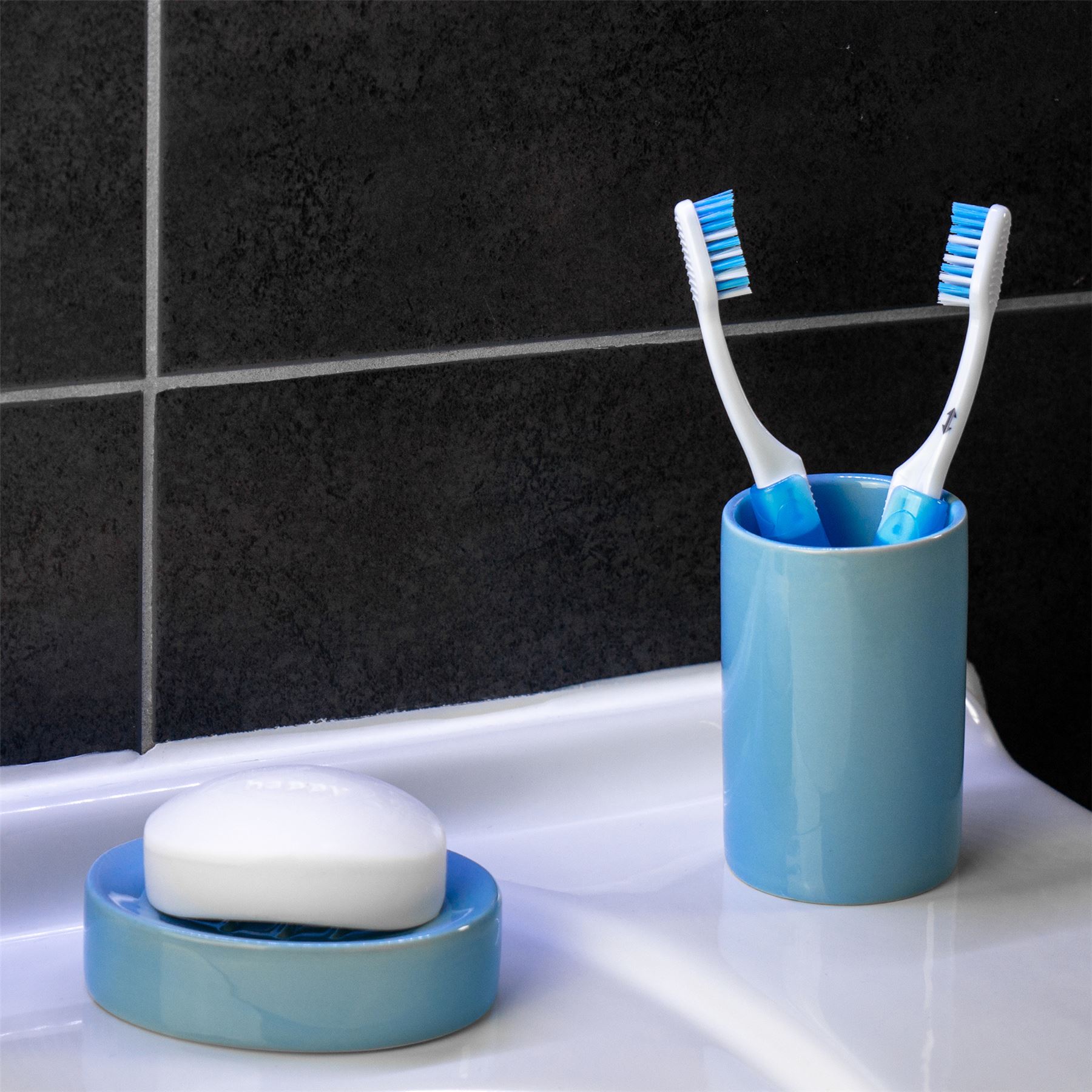 Navy Stripe Harbour Housewares 4 Piece Bathroom Accessories Set Soap Dispenser Toothbrush Holder Dish Toilet Brush Lotion Soap Dispensers
