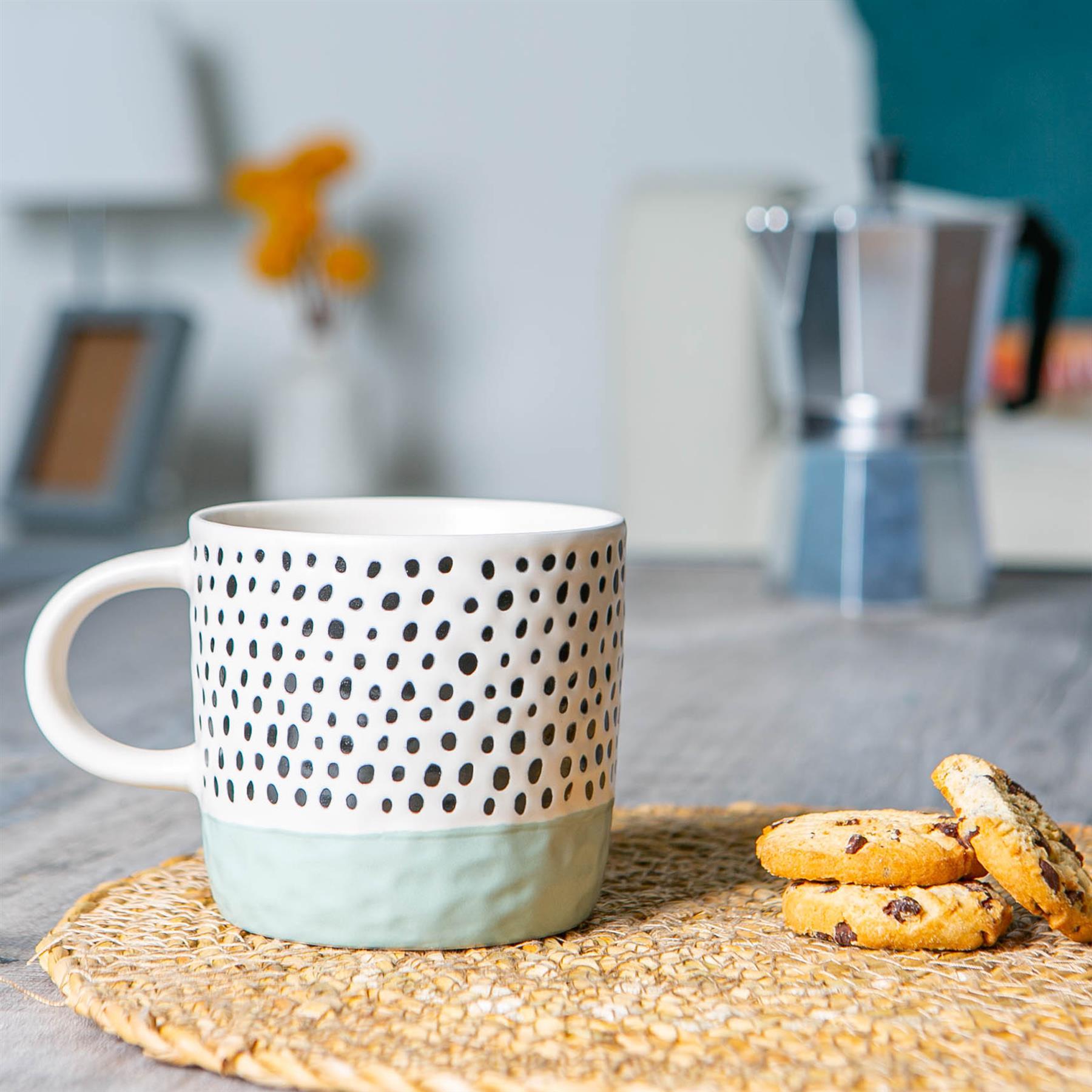 Dipped Dotty Steingut Kaffeebecher groß rustikal Keramik Teetassen Set 385ml - Bild 4 von 11