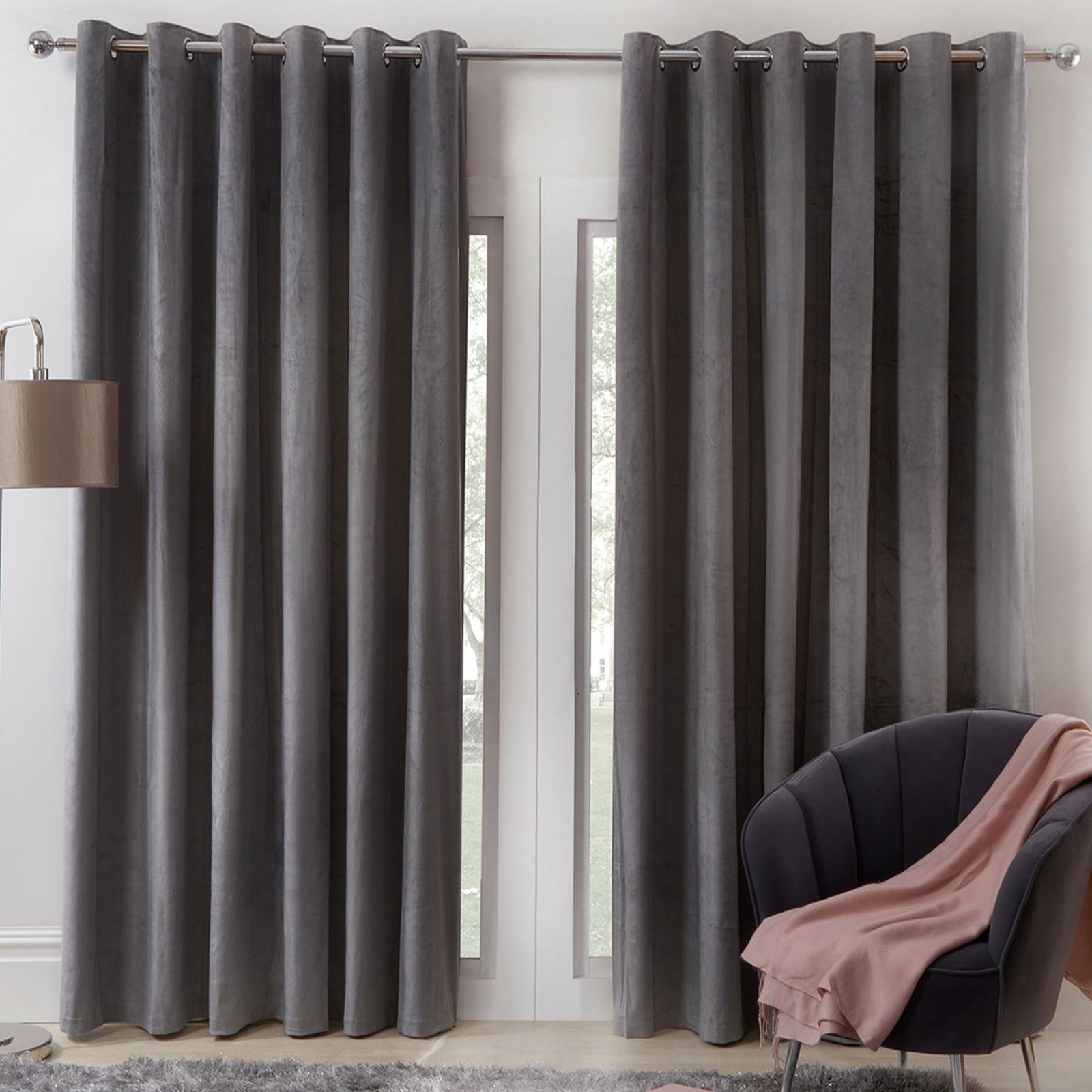 Slate Grey Velvet Shimmer Metallic Eyelet Anneau Top Lined Ready