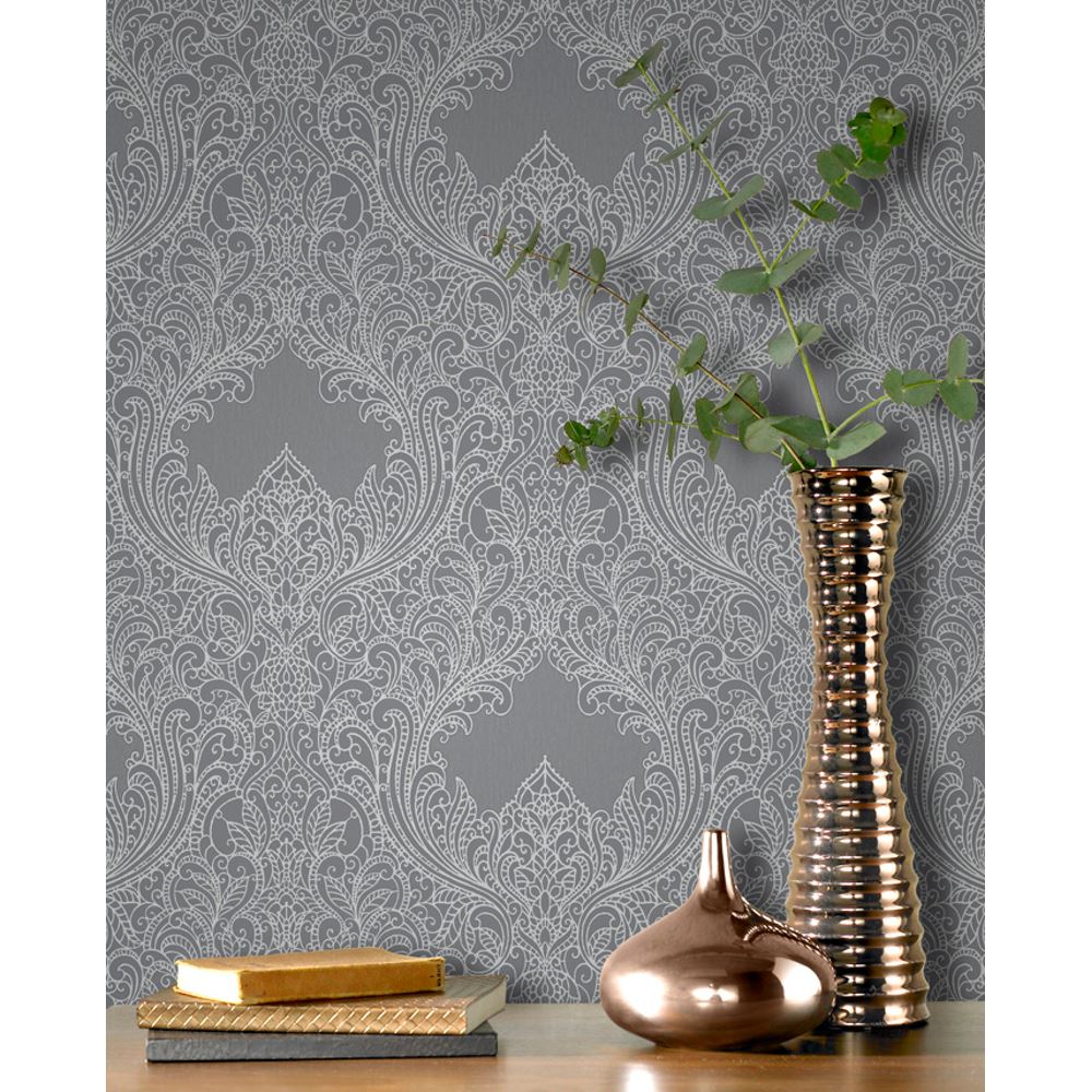 Incanto Grey Glitter Damask Wallpaper by Rasch 308501 for sale online