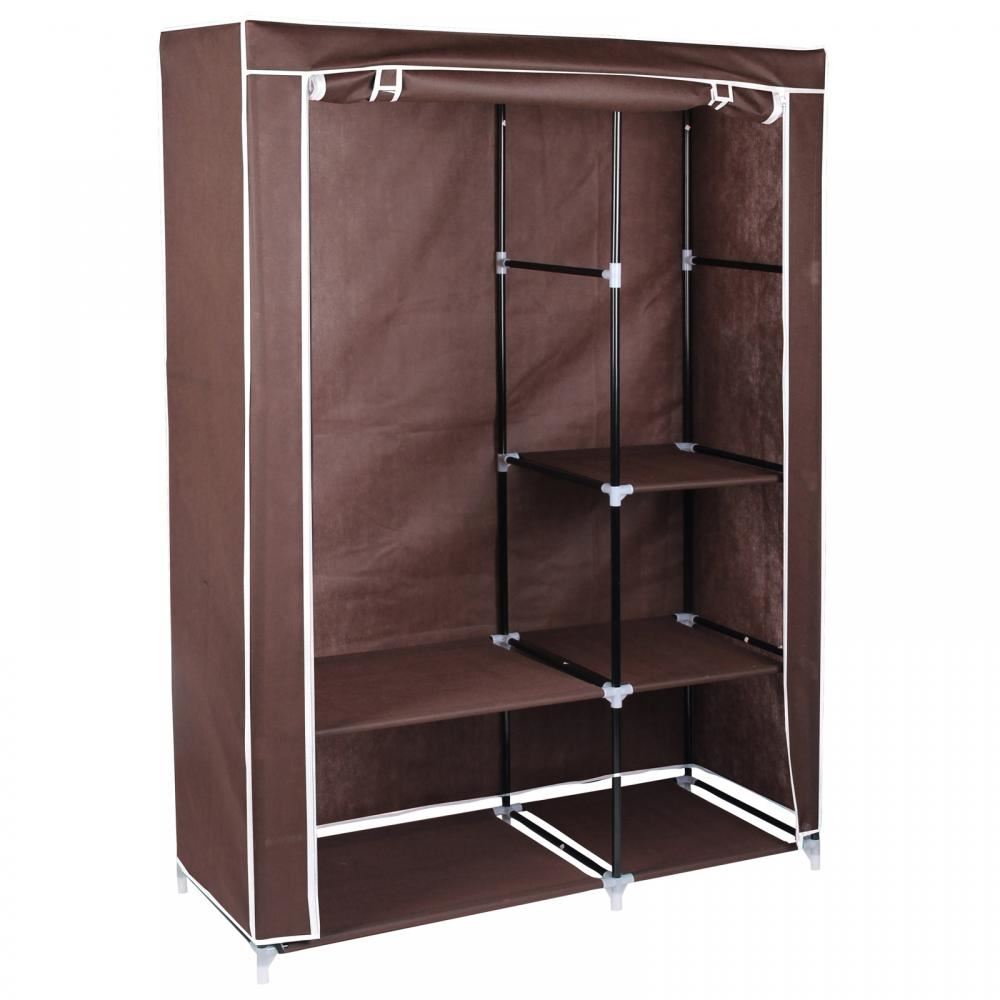 Brown Fabric Canvas Wardrobe With Hanging Rail Shelving Clothes Storage