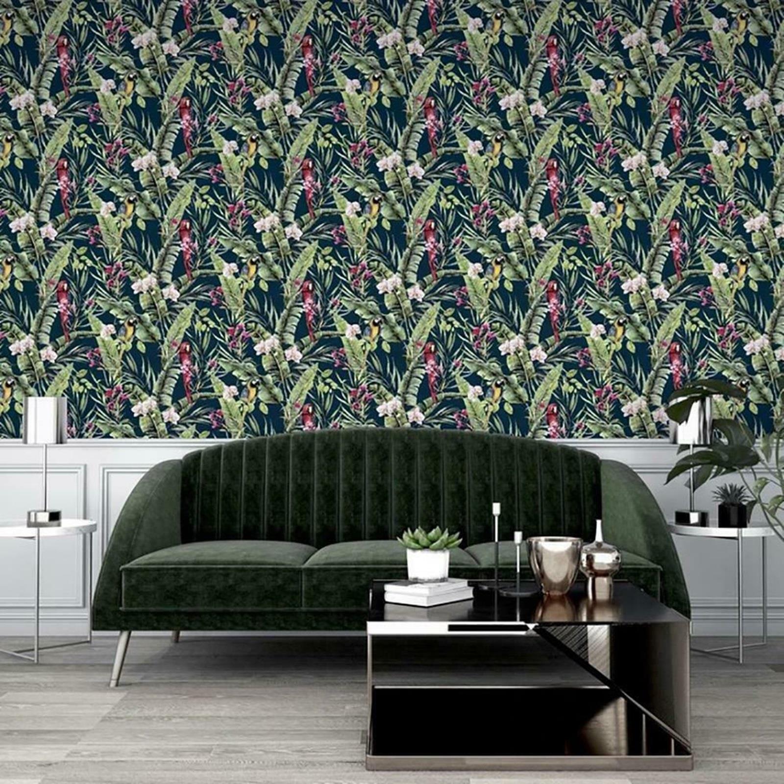 Pretty Polly Wallpaper Arthouse Tropical Navy Pink Parrot