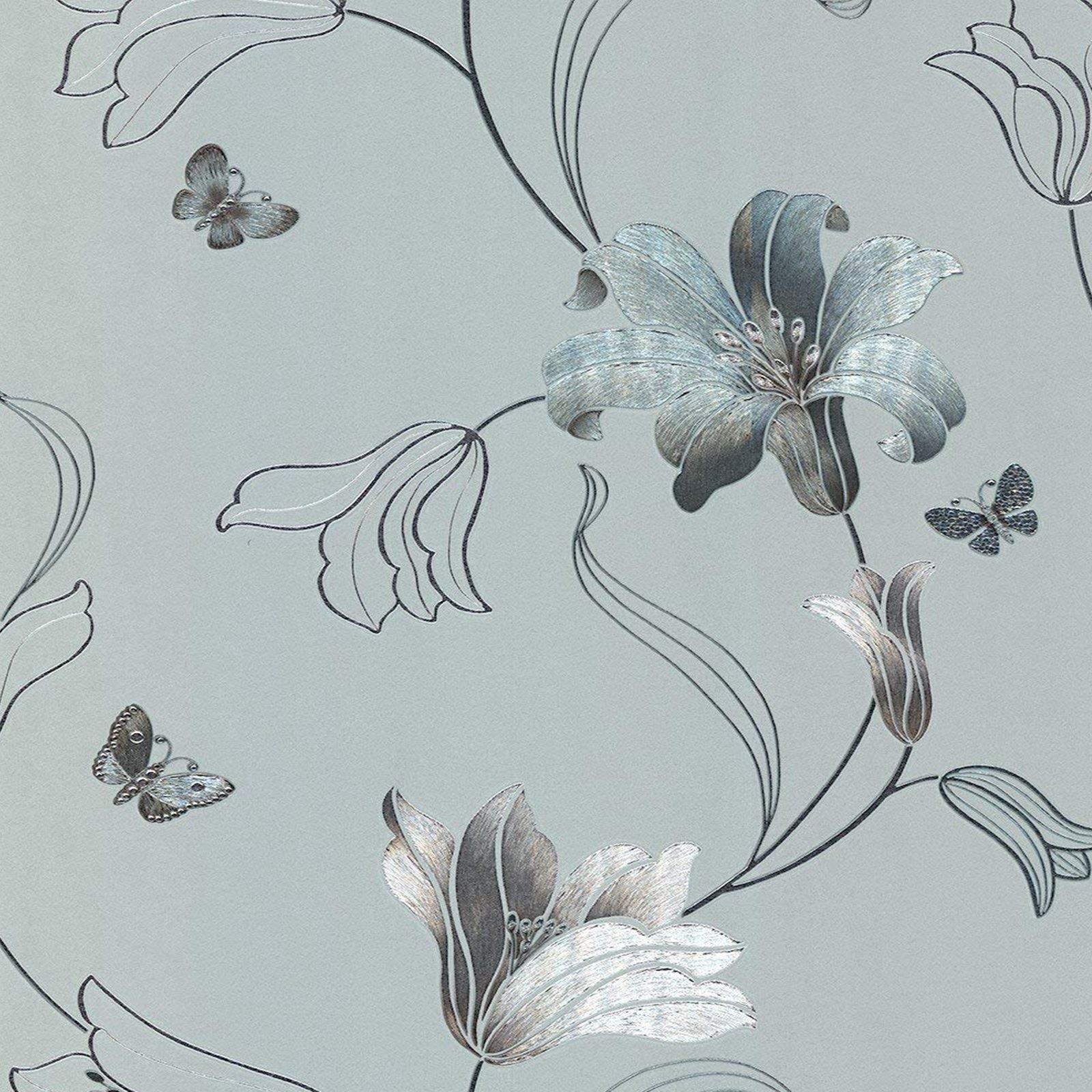 Muriva Amilia Floral Flowers Metallic Butterfly Wallpaper Embossed