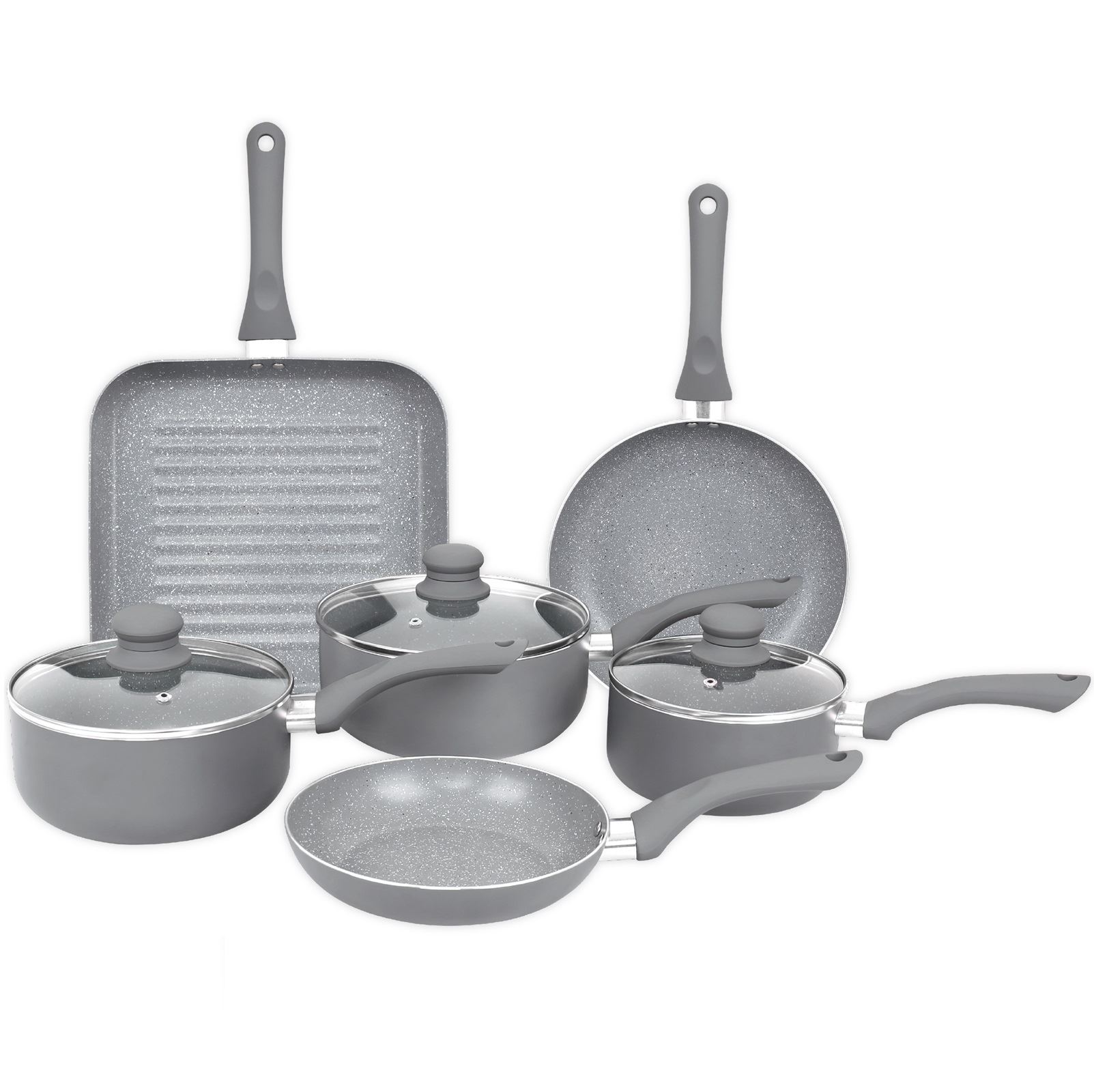 Aluminium 9 Pc Grey Marble Non Stick Pan Set Induction Frying Grill