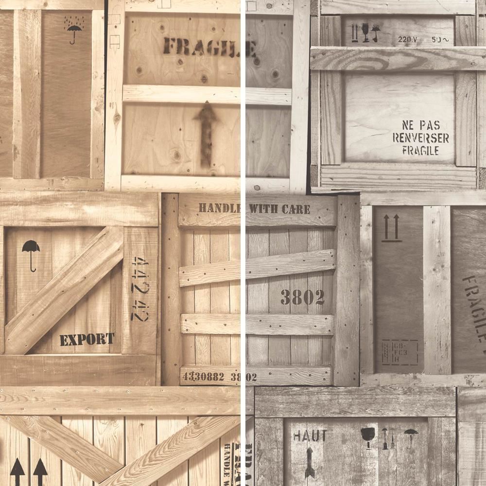 NEW MURIVA WOODEN CRATES PATTERN FACTORY BOX MOTIF REALISTIC MURAL WALLPAPER