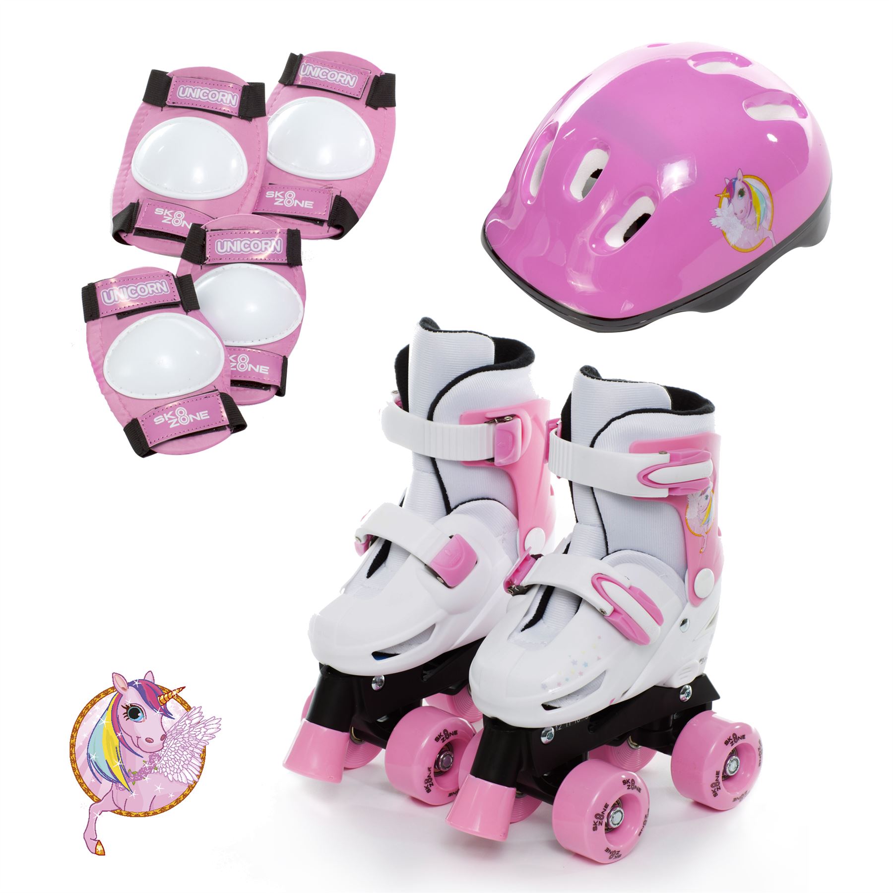 Sk8 Zone Unicorn Quad Skates Kids Roller Boots Pads Helmet Skate Set