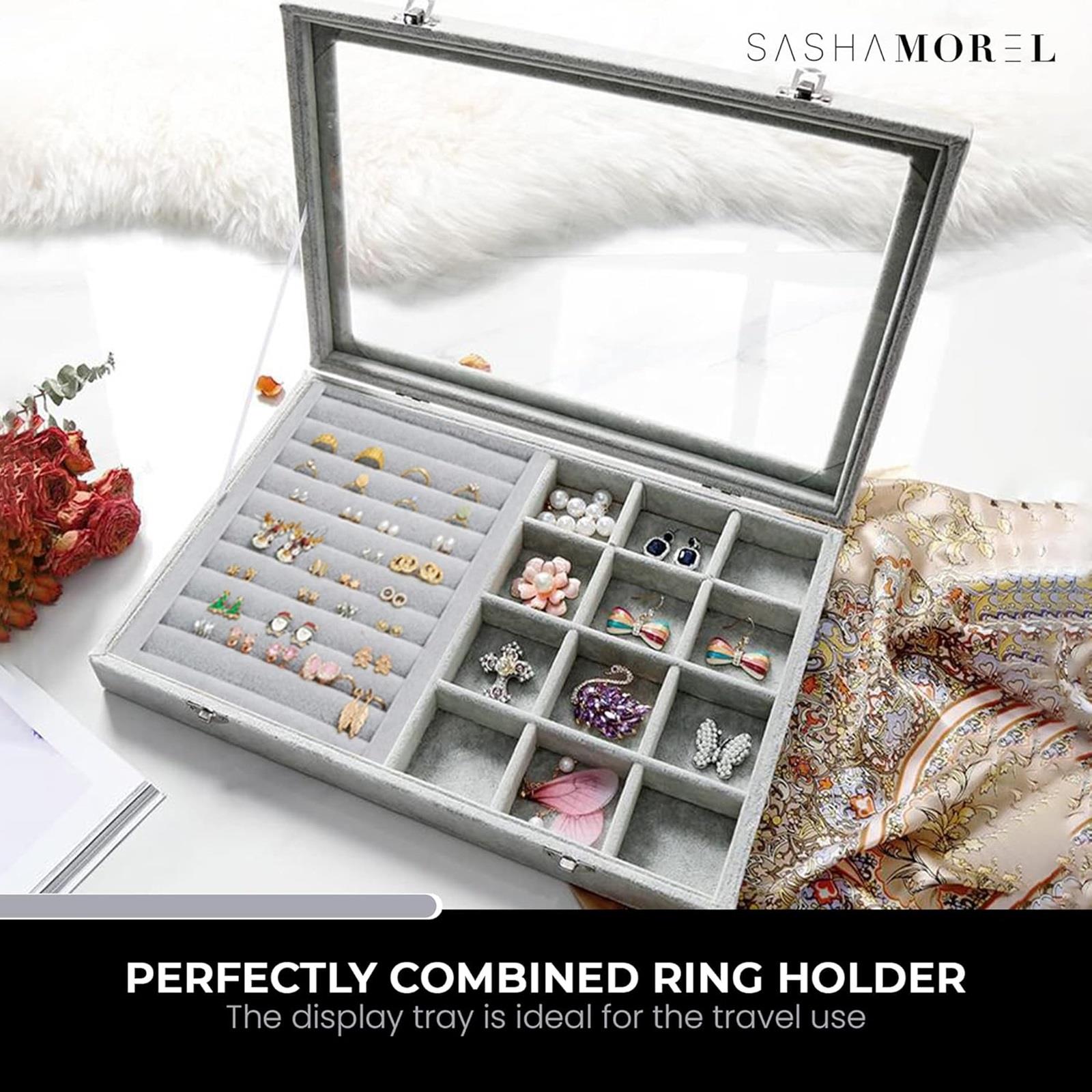 Jewellery Storage Box Organiser Tray Velvet Earring Necklace Ring Display Case - Picture 4 of 13
