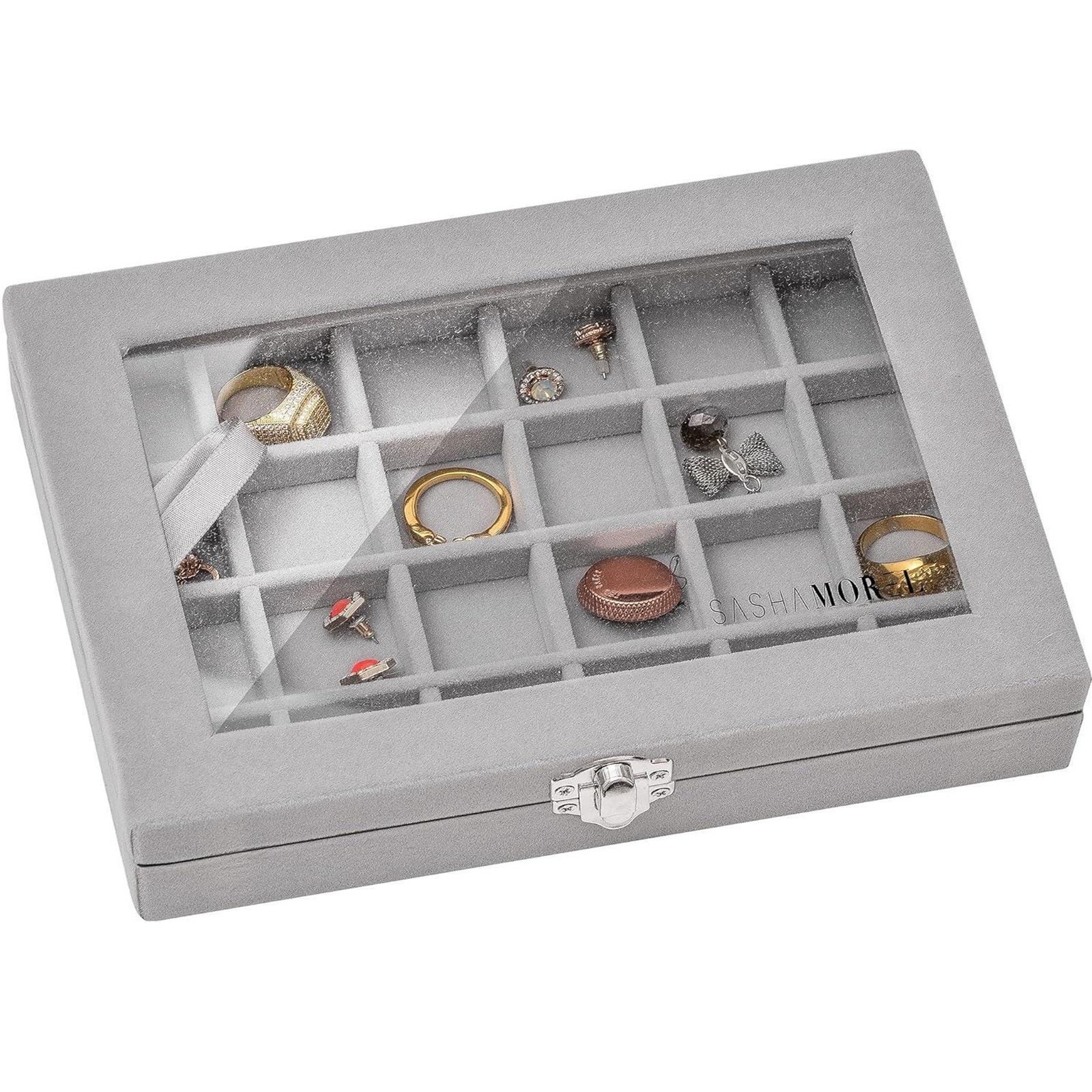Jewellery Storage Box Organiser Tray Velvet Earring Necklace Ring Display Case - Picture 8 of 13
