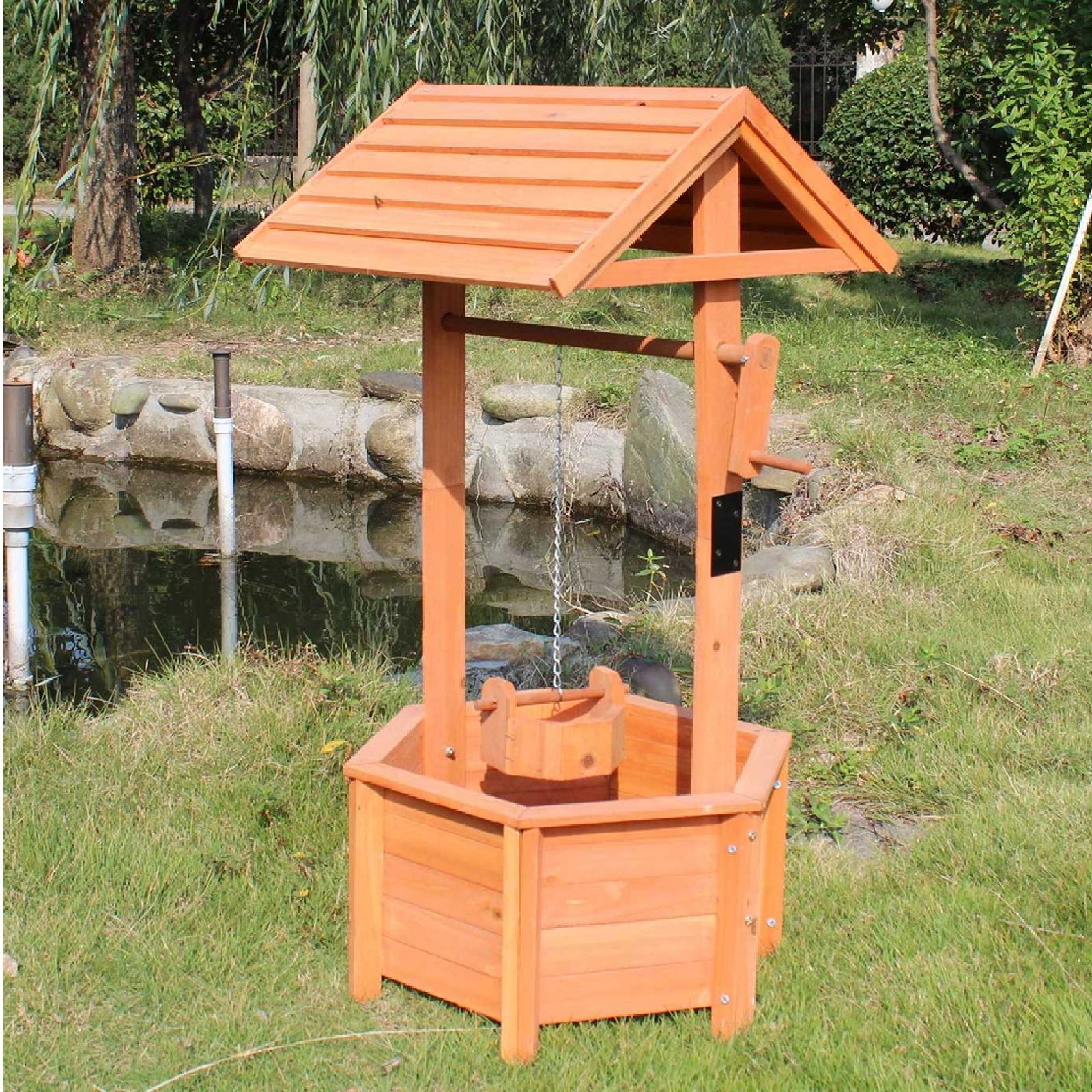 Gr8 Garden Wooden Wishing Well Bucket Planter Plant Flower Pot Patio