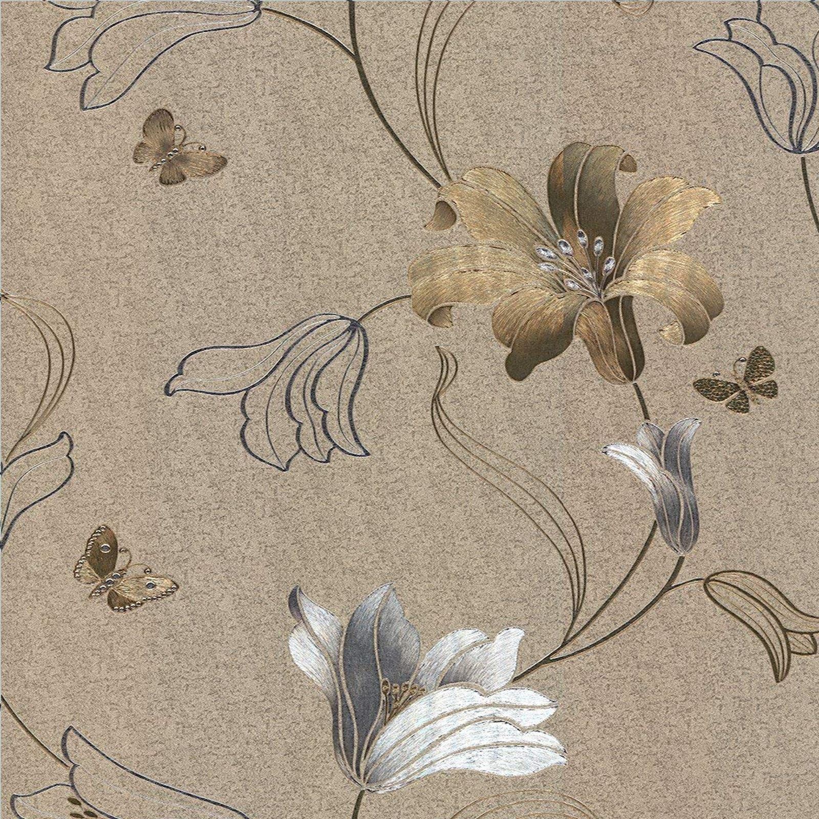 Muriva Amilia Floral Flowers Metallic Butterfly Wallpaper Embossed