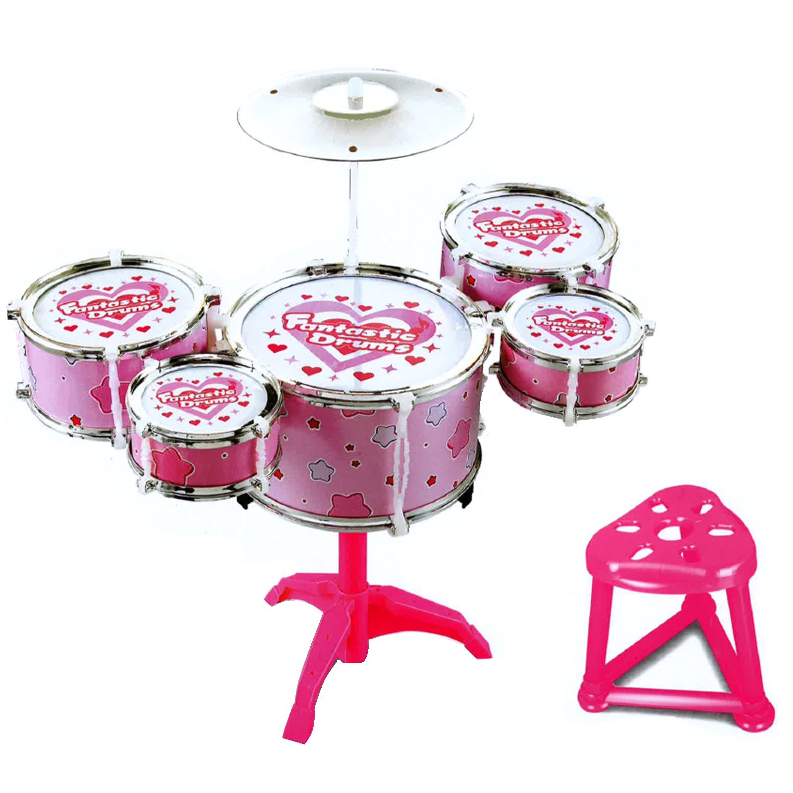 Pink Rock Drum Kit Childrens Cymbal Music Percussion Playset Stool Toy