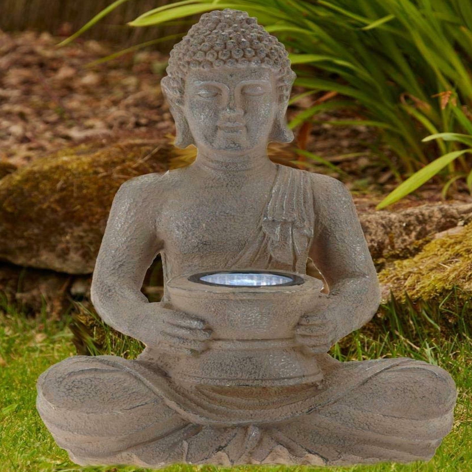 Sitting Buddha Solar Powered Light Stone Effect Garden Statue Outdoor