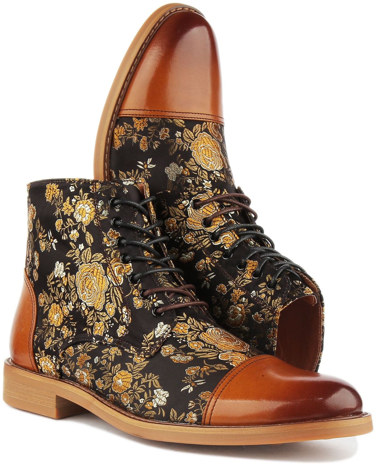 Justin Reess Adam‎ Mens Floral Tapestry Leather Lace Up Boots Tan Black Gold 40 Justin Reess England Adam Floral Lace Up Printed Mens Boots  main image 2
