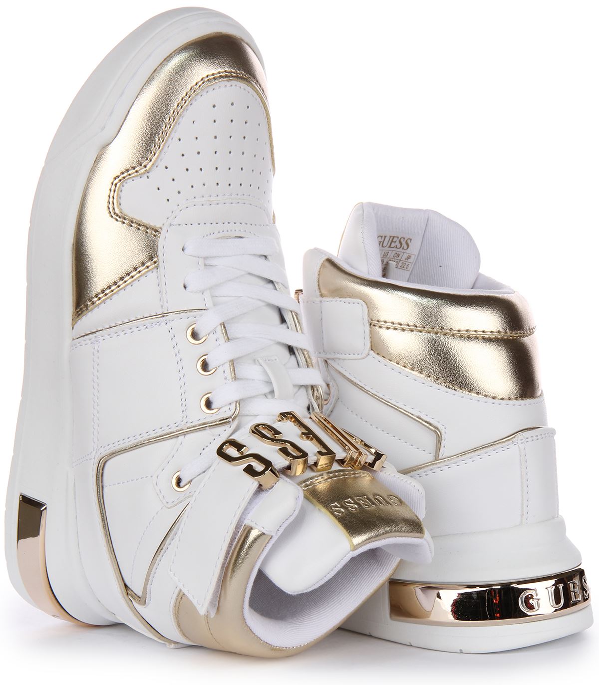Guess Corten Logo Hi-Top Shine Sneakers In White Gold Size US