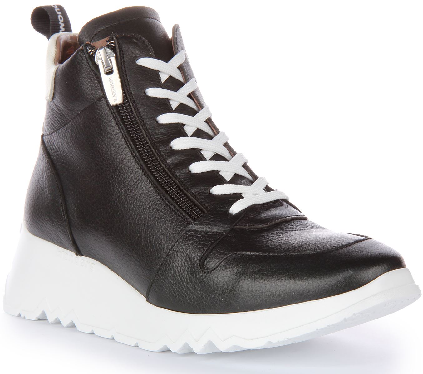 Wonders Yoko Chukka Side Zip Lace Up Platform Black White Womens