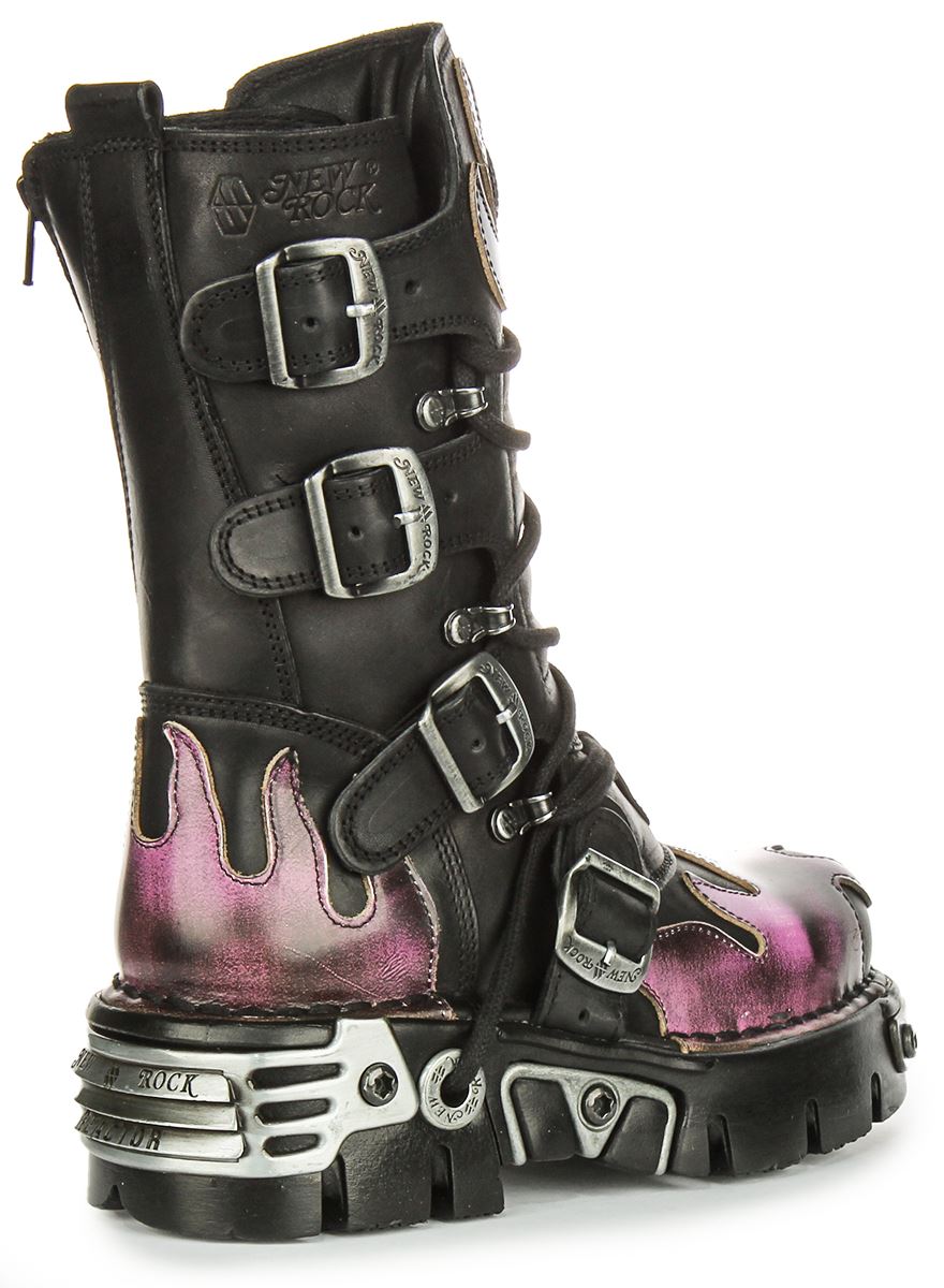 Bota Newrock 591 Reactor 90S estampado de llama 4 hebillas para mujer negra púrpura Reino Unido 3-12 - Imagen 10 de 13